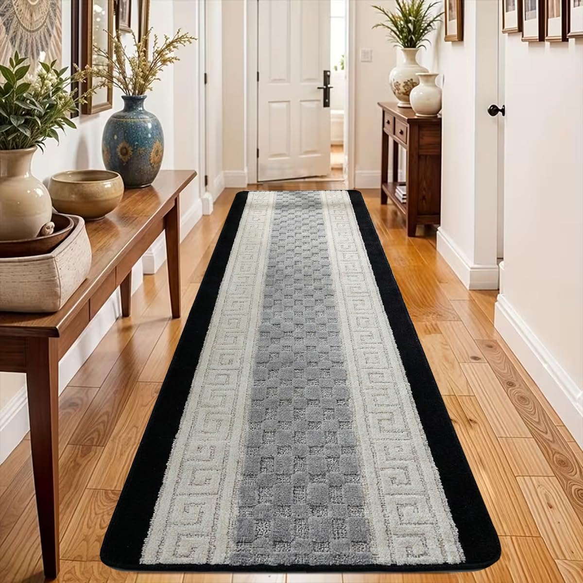 PHP Non-Slip Area Rug, 80 x 150 cm Washable, Heavy Duty Floor Protector Anti Slip Hallway Large Rug for Indoor Outdoor Hall Bedroom and Kitchen - Black Grey