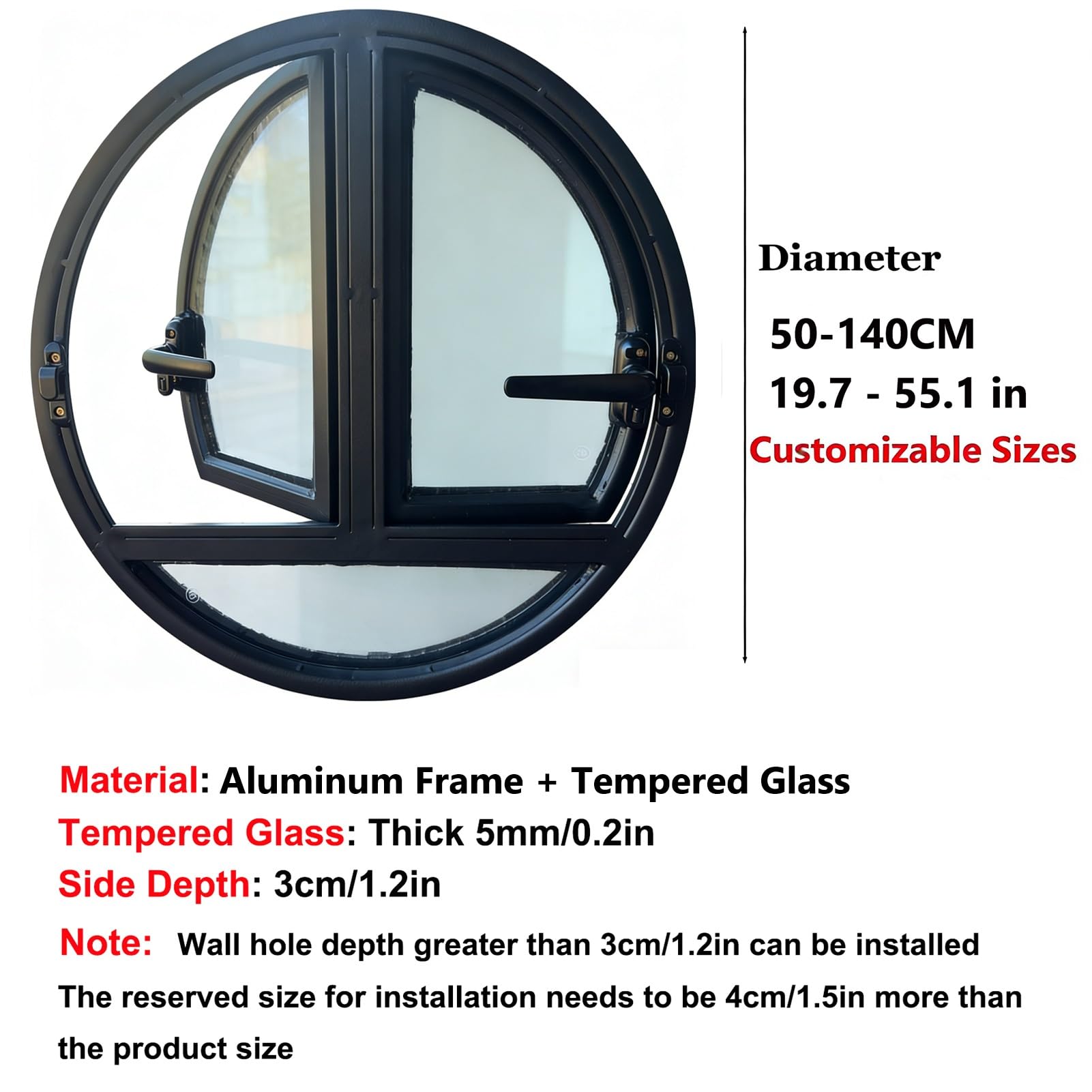 Ventana Ventana Redonda abatible de Doble Apertura empotrada Personalizada con Vidrio Templado, Decorativa para baños, Salas de Estar, hoteles y cafeterías(Black,85 cm/33.5 in)