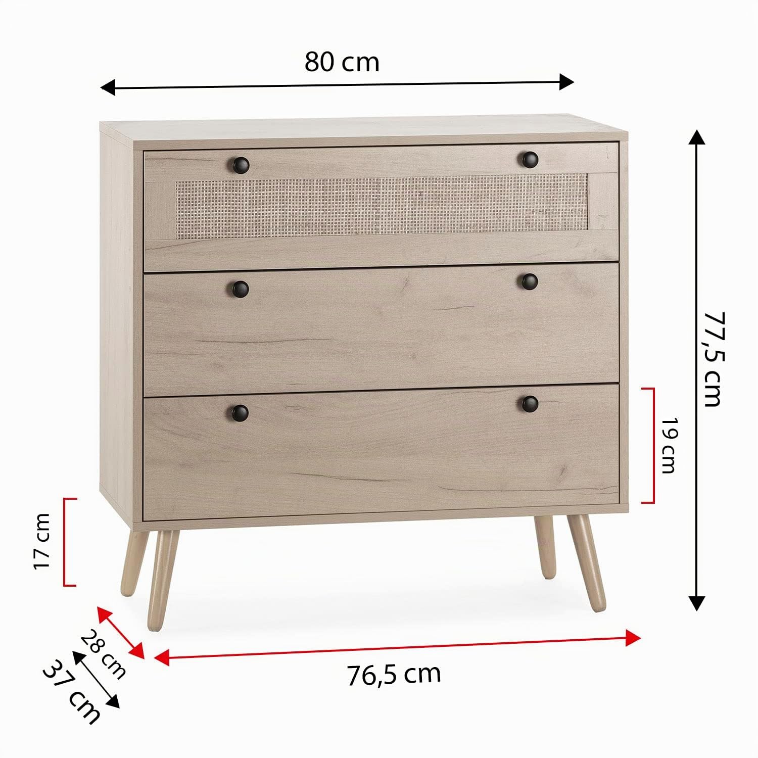 HOMN LIVING Cómoda de Noche Bella 3 cajones Color Roble con ratán Natural, guías metálicas, 80 cm (Ancho) 37,5 cm (Profundo) 77,5 cm (Altura)