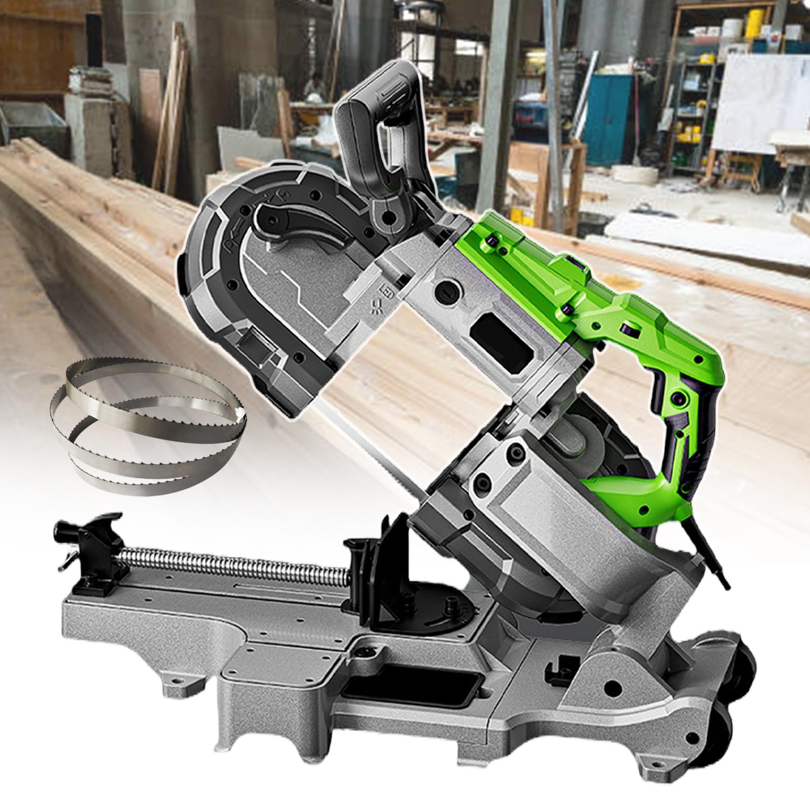Sierra de cinta de grado de taller, corte resistente de 1100 W para acero, control de 6 velocidades, profundidad de 4.7 pulgadas, iluminación LED, portátil con base extraíble