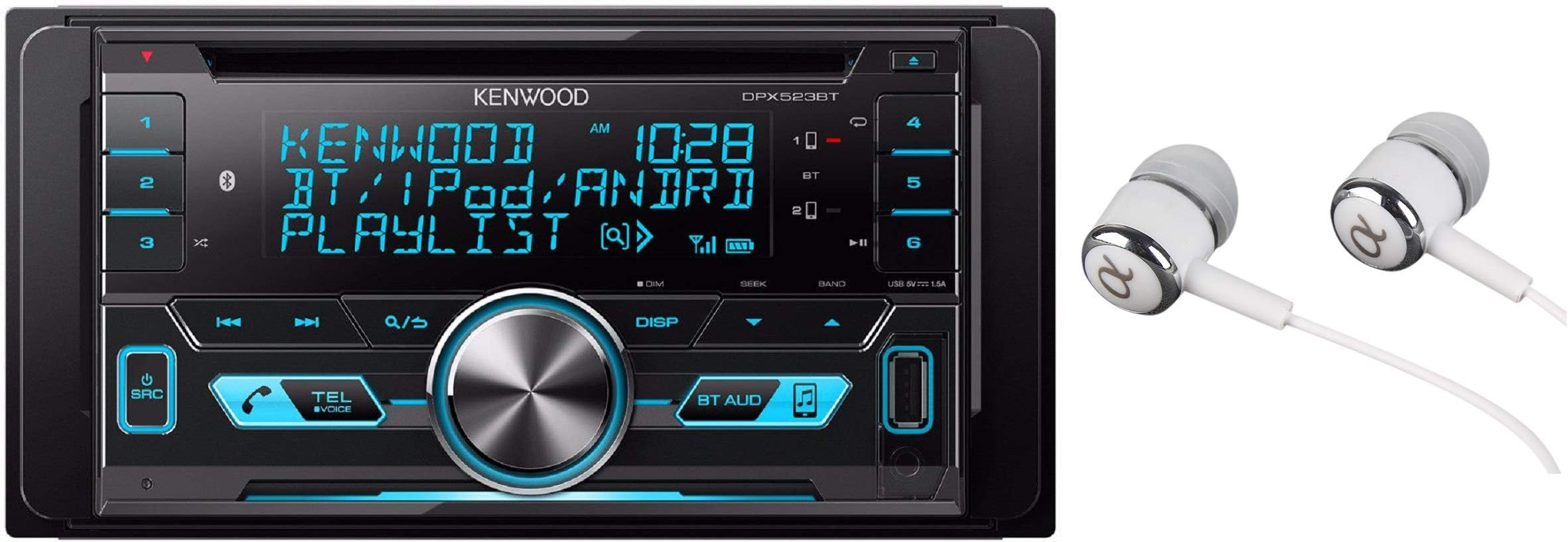 Kenwood Double-DIN In-Dash CD/MP3/USB Bluetooth AM/FM Car Stereo Receiver High Resolution Audio Compatibility Pandora/iHeart Radio/Spotify/iPhone and Android App Ready with ALPHASONIK EARBUDS