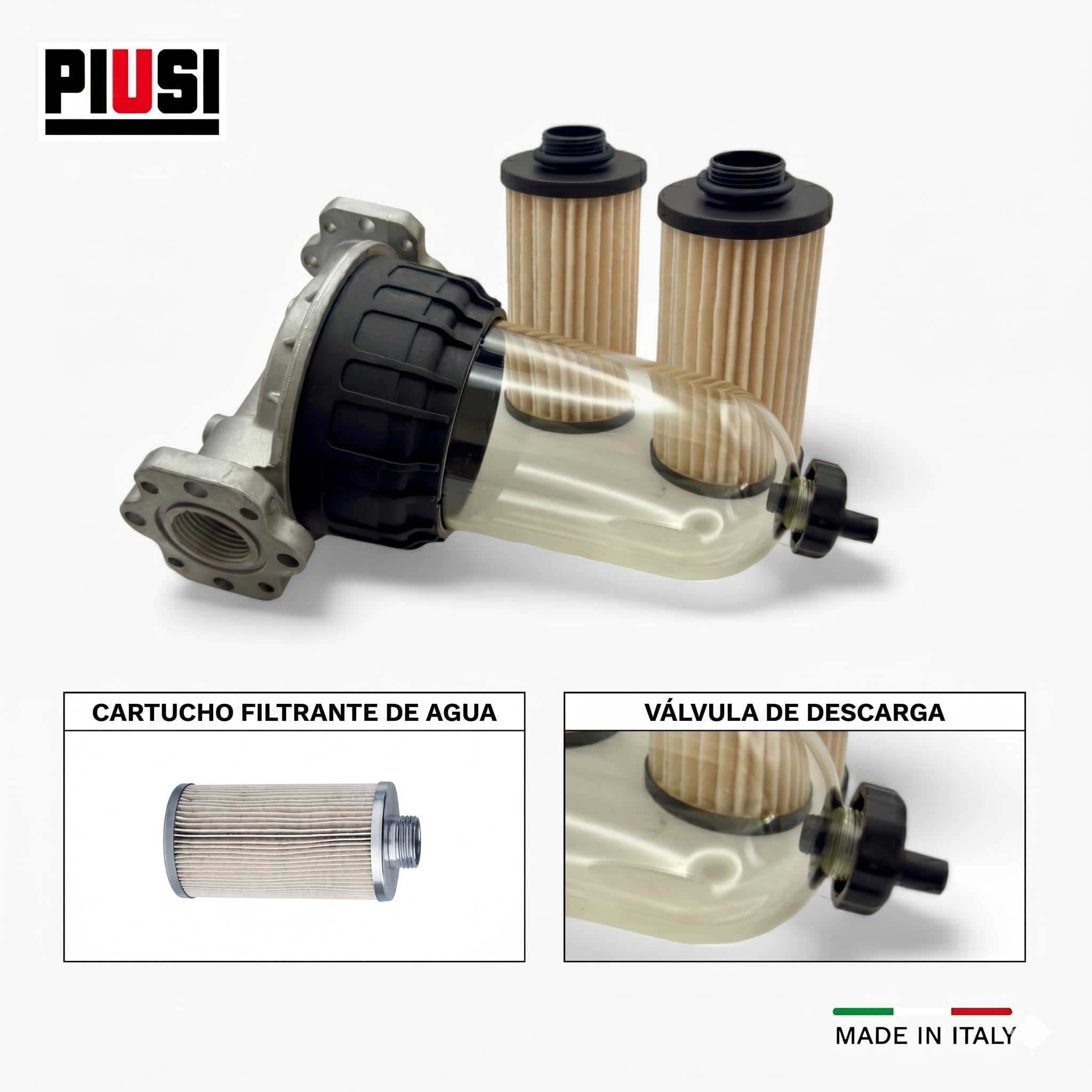 Filtro PIUSI para Diésel, Gasolina y Aceite, Kit Completo con Soporte de Cabeza + 2x Cartuchos, Caudal 70 l/min, Presión 5 bar, Filtración Absorbente de Agua de 30 micrones | Clear Captor F00611B10