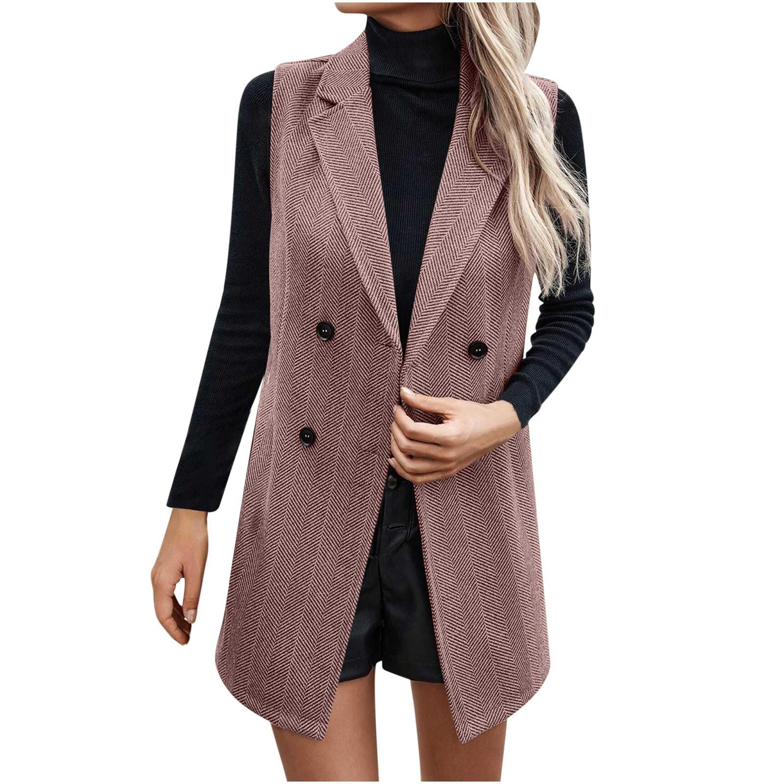 Womens Houndstooth Blazer Vest Sleeveless Lapel Collar Double Breasted Long Vests Business Work Jacket Waistcoat