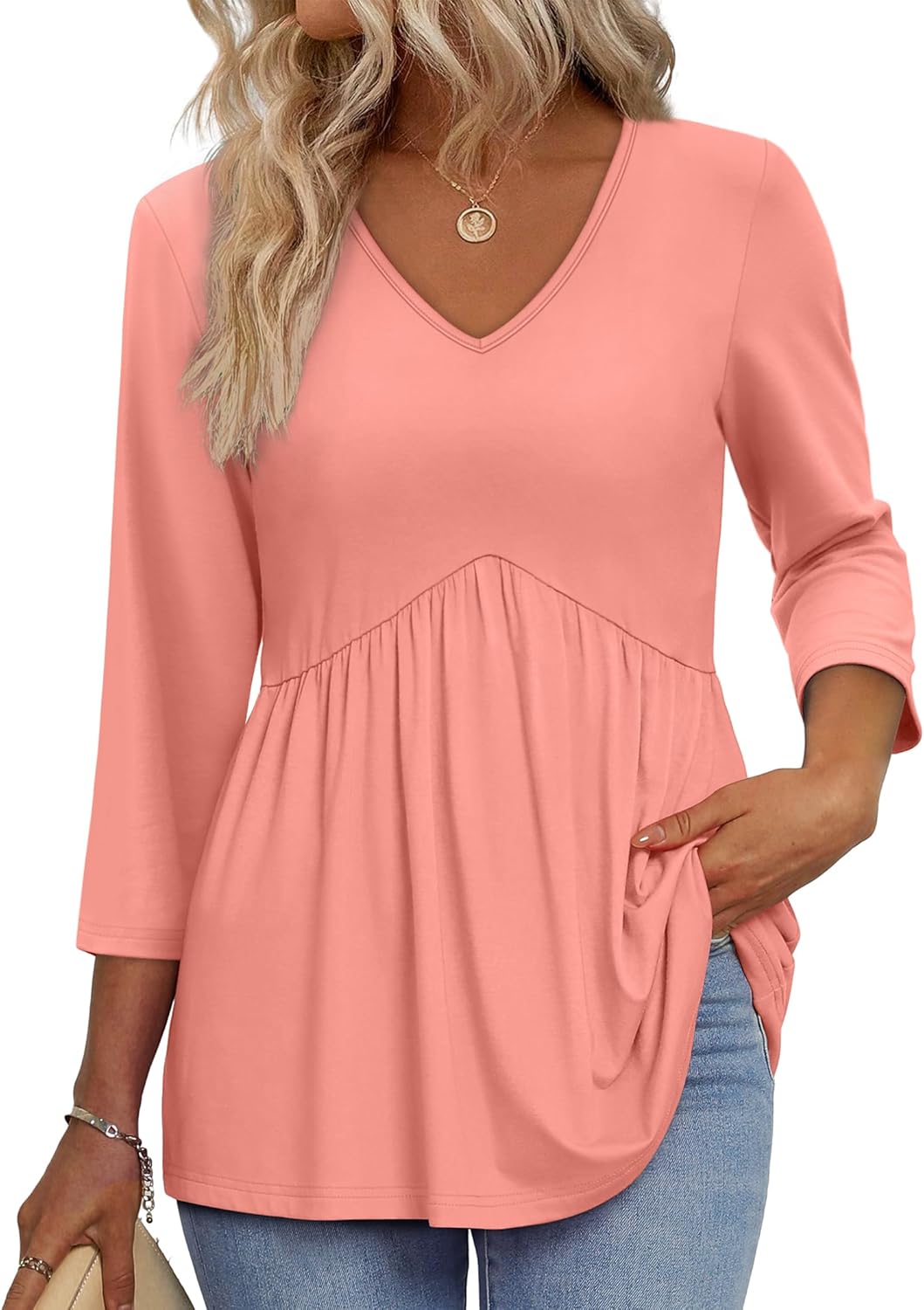 3/4 Length Sleeve Womens Tops 2025 Blouses for Women Dressy Casual Fashion Clothing V Neck Babydoll Tops Fall Outfits