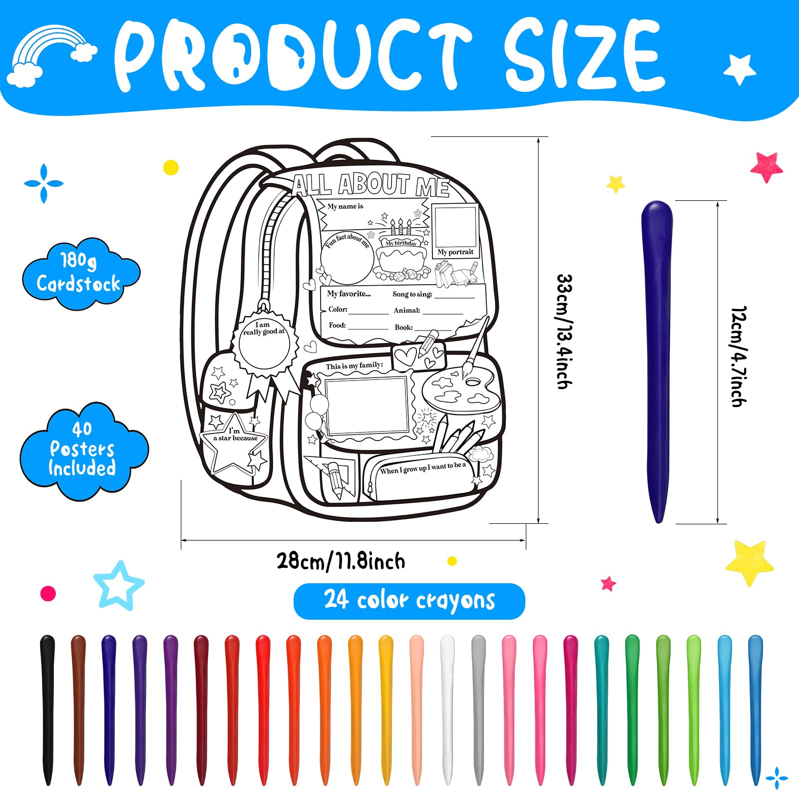 All About Me Classroom Posters - 40 Backpack Style Posters With 24 Crayons For Student Activities