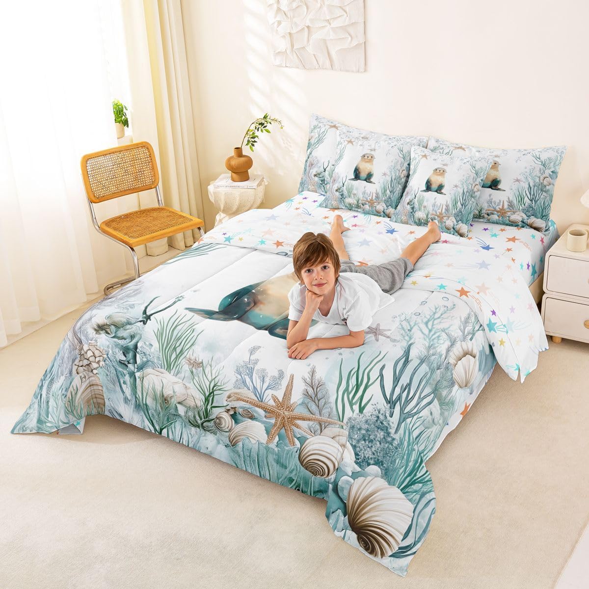 Erosebridal Sea Lion Bedding Set,Nautical Sea Animal Bed in A Bag Queen Comforter Set 7 Piece Teal Blue Ocean Comforter and Sheets Underwater Sealife Starfish Coral Bed Sets