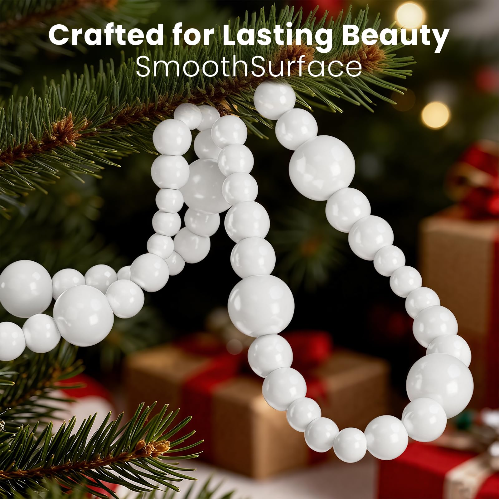 Lot de 2 guirlandes de perles en bois de Noël de 7,3 m – Décorations de style bohème pour sapin de Noël – Style rustique et rustique – Perles rondes à suspendre (blanc)