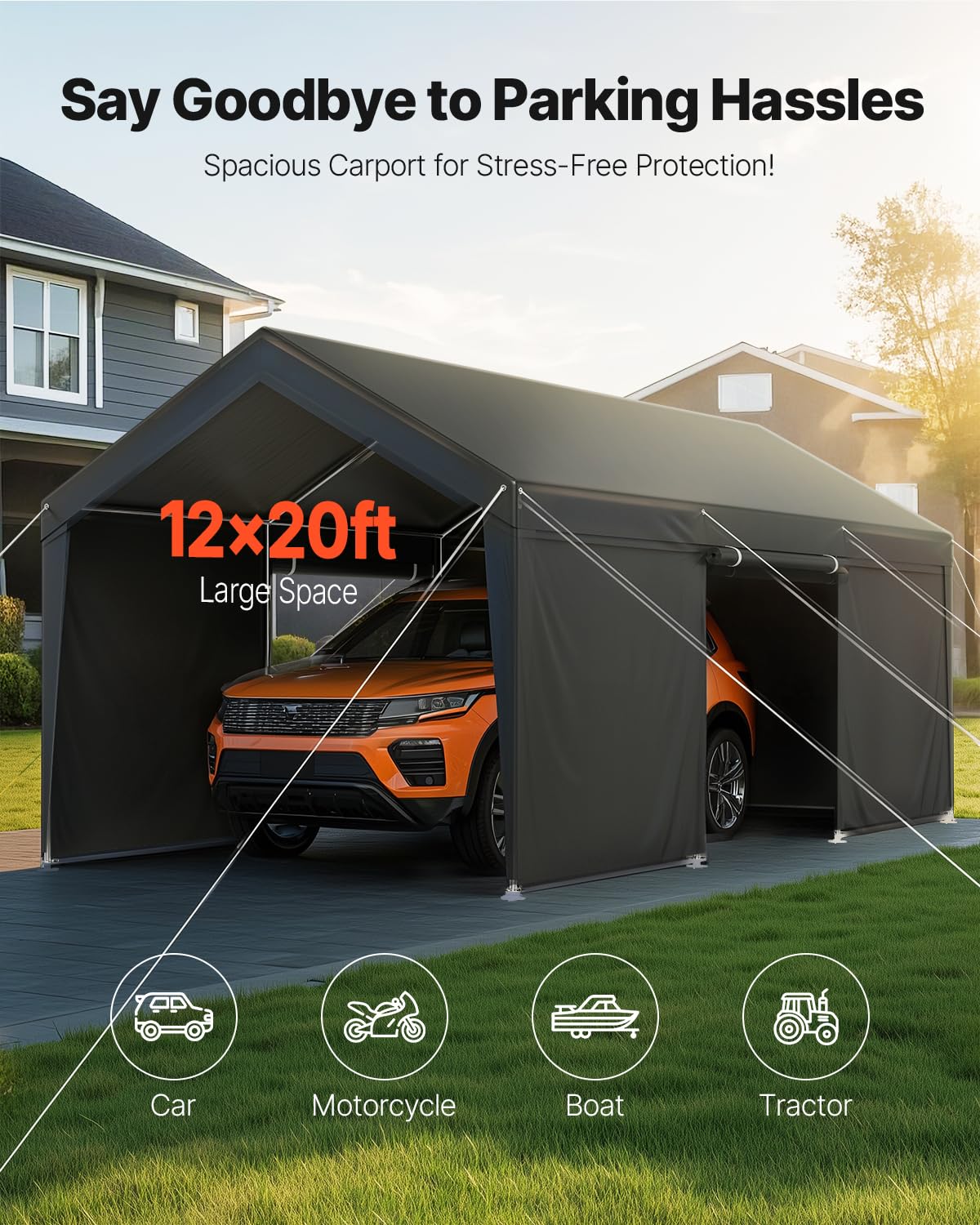 VEVOR Posto Auto Coperto Esterno, Riparo per Auto 3,65 x 6,09 x 3,02 m, Tettoia Potabile con Pareti Laterali e Porta Rimovibili, Resistente ai Raggi UV e all'Acqua, per Auto e Barca, Grigio