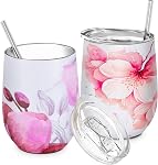 THILY Stainless Steel Insulated Wine Tumbler - Stemless Wine Glass with Sliding Lid and Straw, Cute Travel Cup Keep Coffee and Cocktails Cold, 2 Pack(Iridaceae+Orchid)