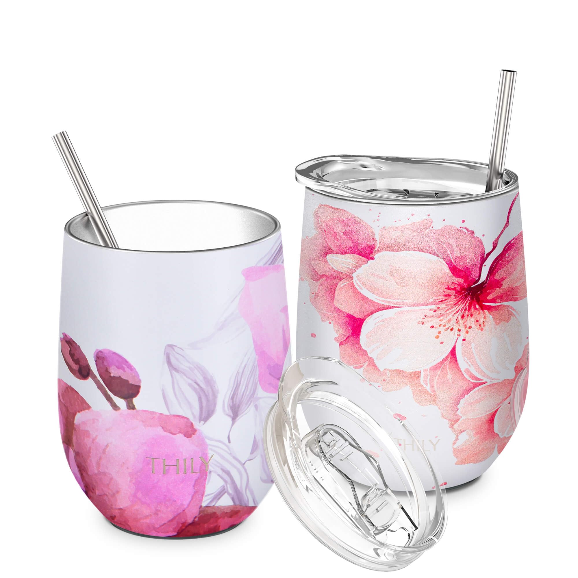 THILY Vacuum Insulated Stemless Wine Tumbler 12 oz Stainless Steel Wine Glass with Lid and Straw