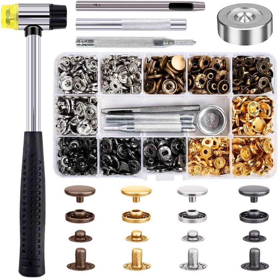 120 Set Snap Fasteners Kit for Leather 12mm Metal Button Snaps Press Studs with 4 Setter Tools, 1 Hammer, 4 Color Leather Snaps for Clothes, Jackets, Jeans Wears, Bracelets, Bags