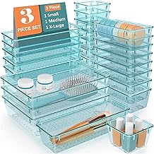 Set of 3 Drawer Organiser/Unbreakable Drawer Organizer/Dressing Table Organizer/Multi-Purpose Storage Boxes/Drawer Divider Tray for Kitchen/Bedroom/Office - (Sea-Blue)
