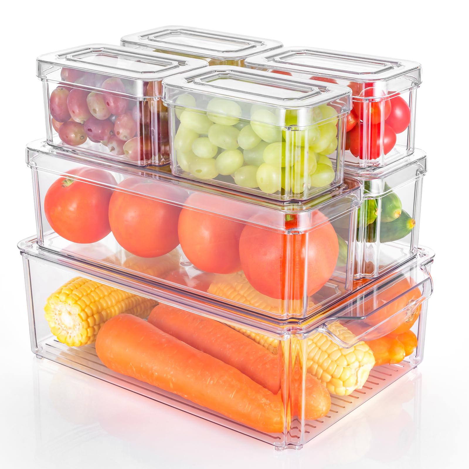Dyserbuy Set of 7 Fridge Organisers with Lids, Stackable Storage Containers, Clear Plastic Storage Bins Box to Keep Fresh for Fruits Vegetable Freezer Kitchen Pantry Cabinet Cupboard