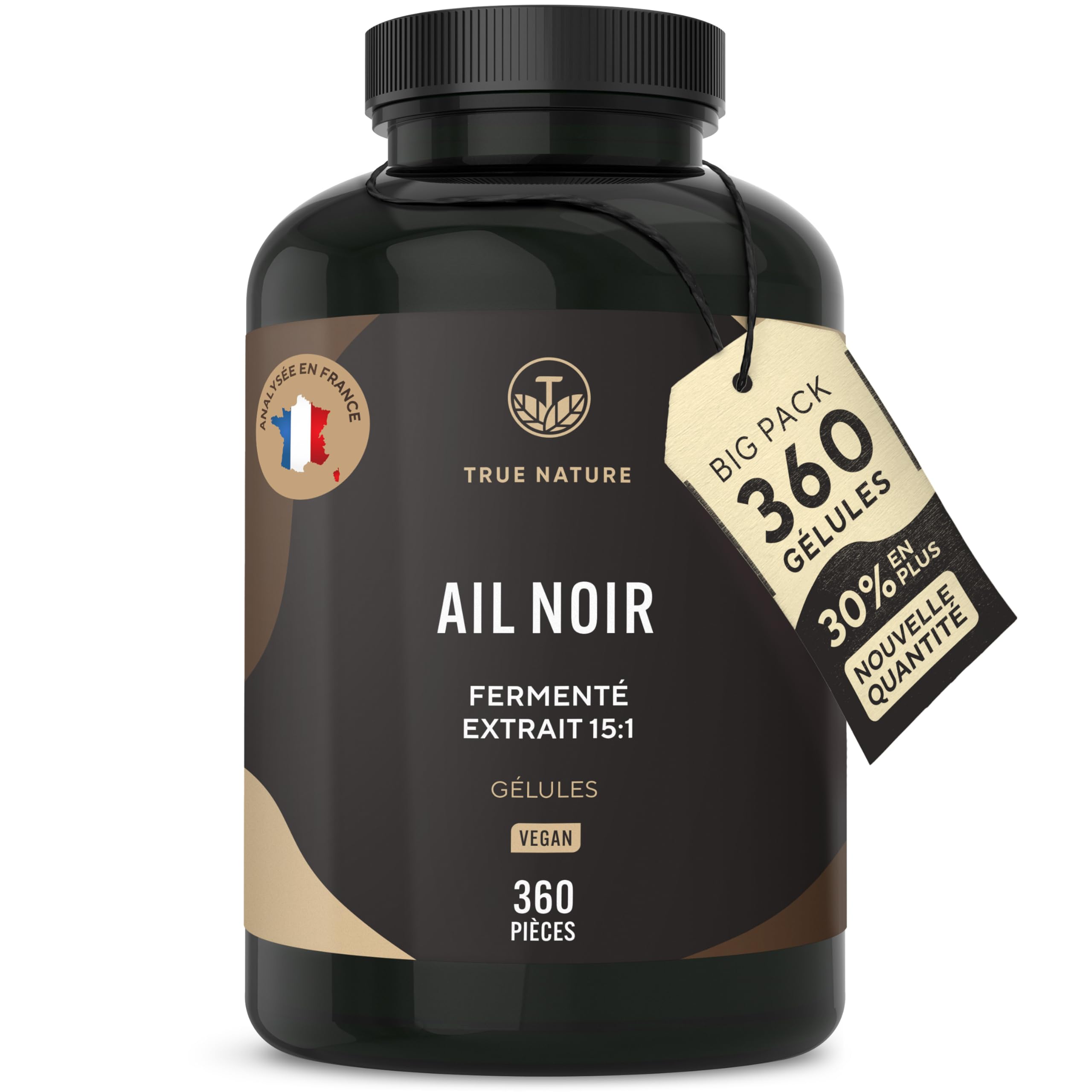 Ail Noir Fermenté - 22500mg/jour, extra concentré (15:1) - 360 Gélules, Vegan - Immunité, Santé Cardiaque & Circulation Sanguine - S-Allylcystéine - Sans: Additifs, Gluten&Lactose - TRUE NATURE