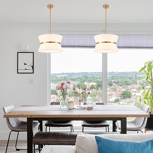 Miniatura 4 de Candelabro moderno con pantalla de tela blanca y acabado de latón, lámpara colgante ajustable para cocina, isla, sala de estar, dormitorio, pasillo,