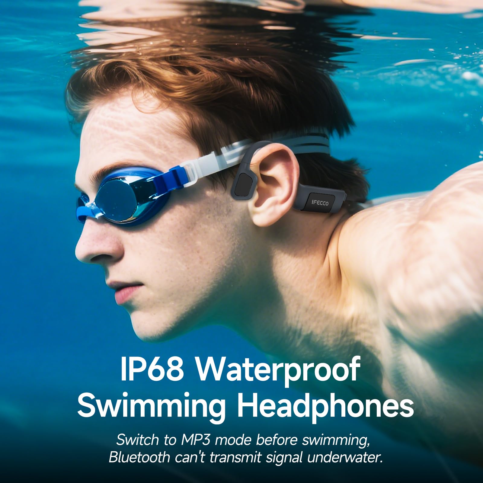 IFECCO Cuffie Conduzione Ossea Nuoto IP68 Impermeabili con Lettore MP3 32G | Auricolari Piscina Nuoto Bluetooth 5.4, Cuffie Subacquee , Wireless Auricolari per Nuoto, Surf, Corsa, Ciclismo(Nero)
