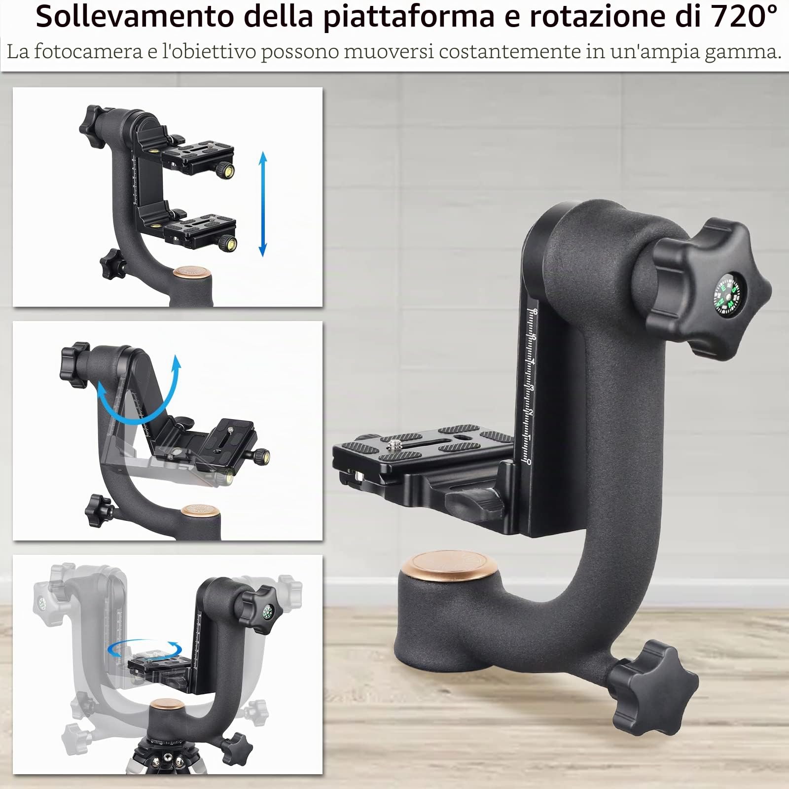 ARTCISE Testa per treppiede cardanico, testine per impieghi gravosi e piastra a sgancio rapido standard da 1/4 '' e livella a bolla per treppiede per fotocamera DLSR, carico massimo 20KG/44LBS