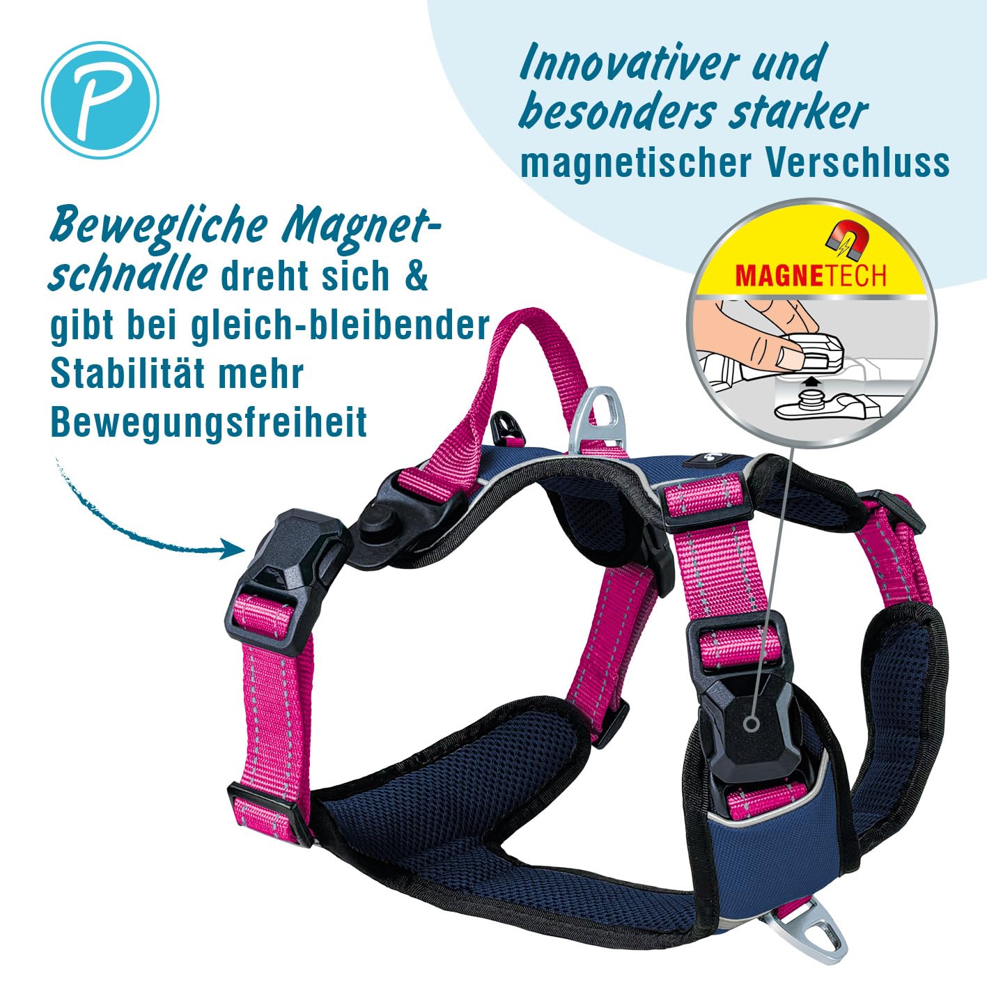 Petlando Hundegeschirr Magnetech– Innovative Magnetschnalle, mit Griff, Zwei D-Ringe, reflektierend, atmungsaktiv – Navy/Fuchsia, M (Halsumfang 42-54cm, Brustumfang 56-68cm), mittelgroße Hunde