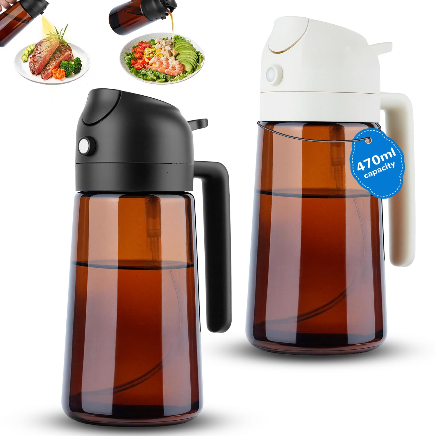 Jrhslcxlt Clear 2 Pack 470Ml Olive Oil Sprayer & Dispenser Set, 2 In 1 Glass Oil Spray Bottle, Light Blocking, Oil Mister For Air Fryer, Cooking, Salad, Bbq, Kitchen Gadgets Accessories, Black + White