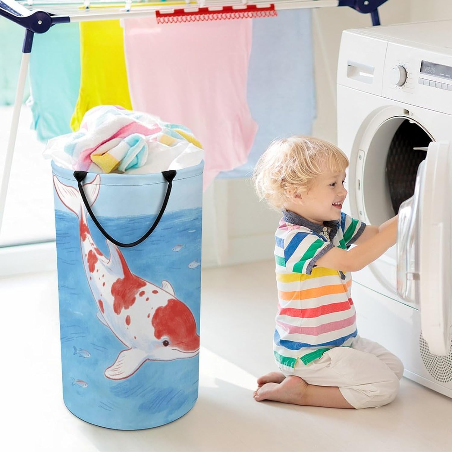 Red And White Dolphins Laundry Hamper with Handles Waterproof Collapsible Laundry Basket Large Lightweight Round Dirty Clothes Hamper for Home Dorm Bathroom Decor