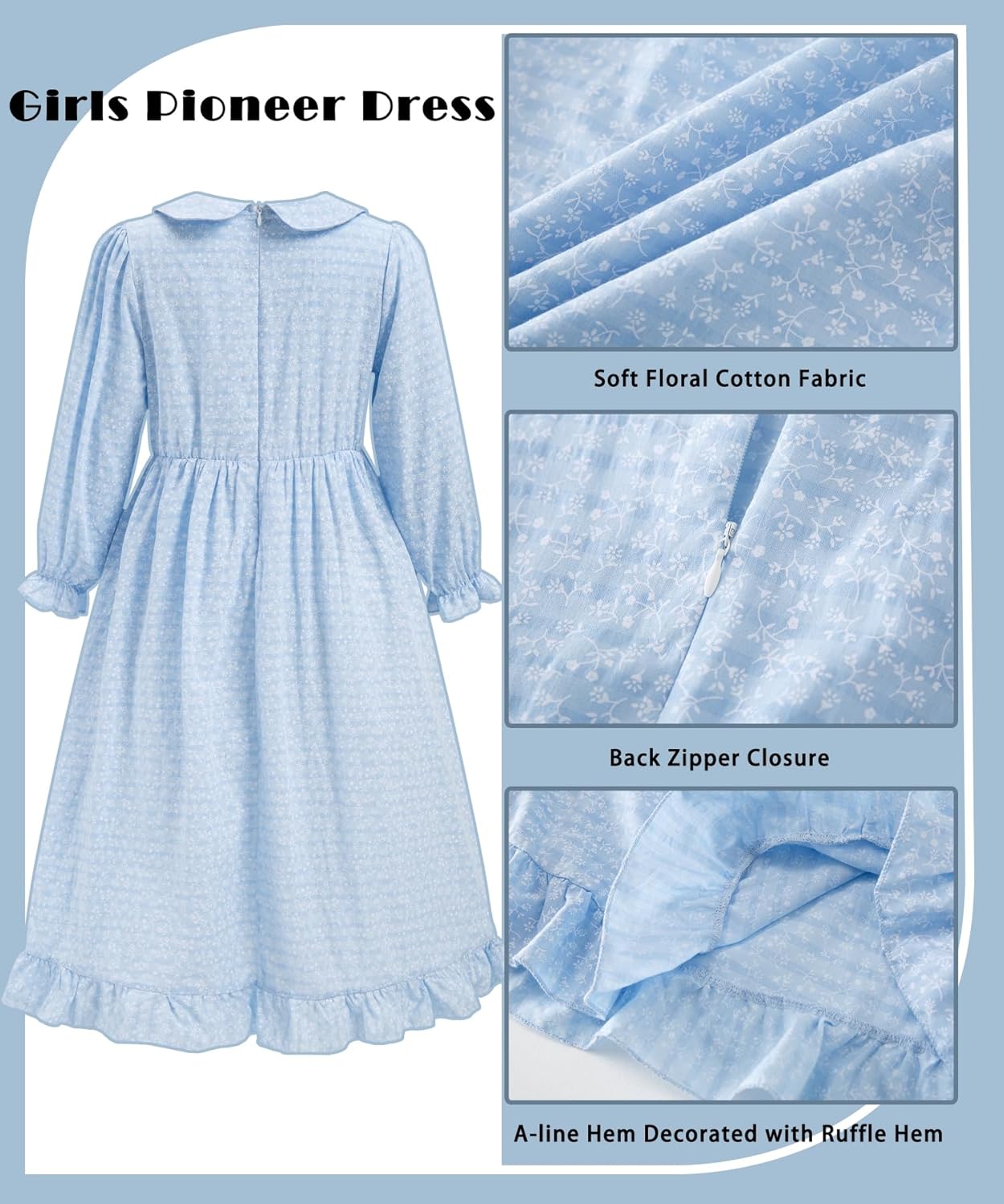 Pioneer Dresses for Girls Prairie Colonial Costume Long Sleeves Laura Ingalls Pilgrim Costume