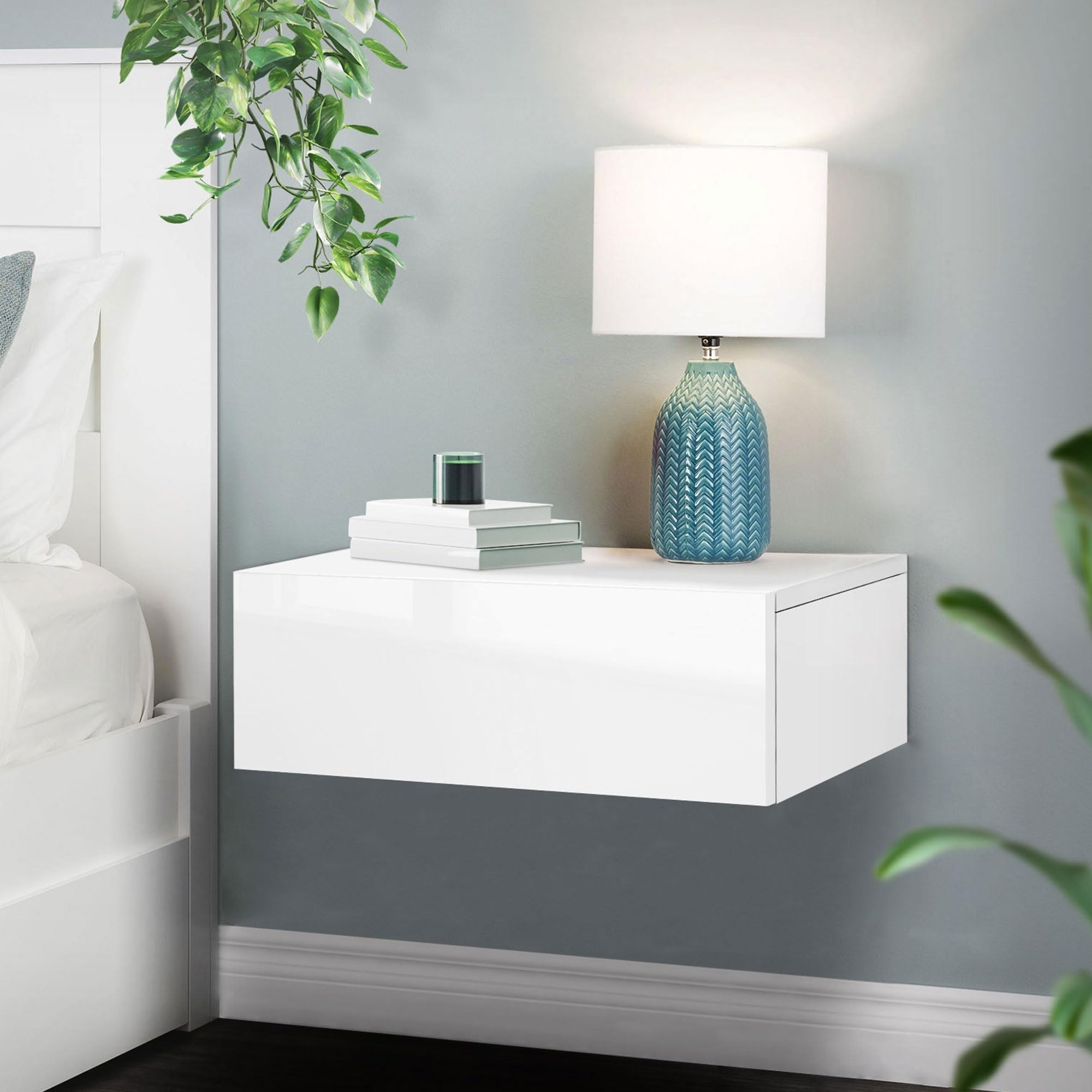 ML-Design Mesita de Noche Colgante con 1 Cajón 46x30x15 cm Mesilla Color Blanco Brillante Mueble sin Tiradores Escritorio de Pared Cajonera Flotante Estante de Dormitorio con Espacio de Almacenamiento