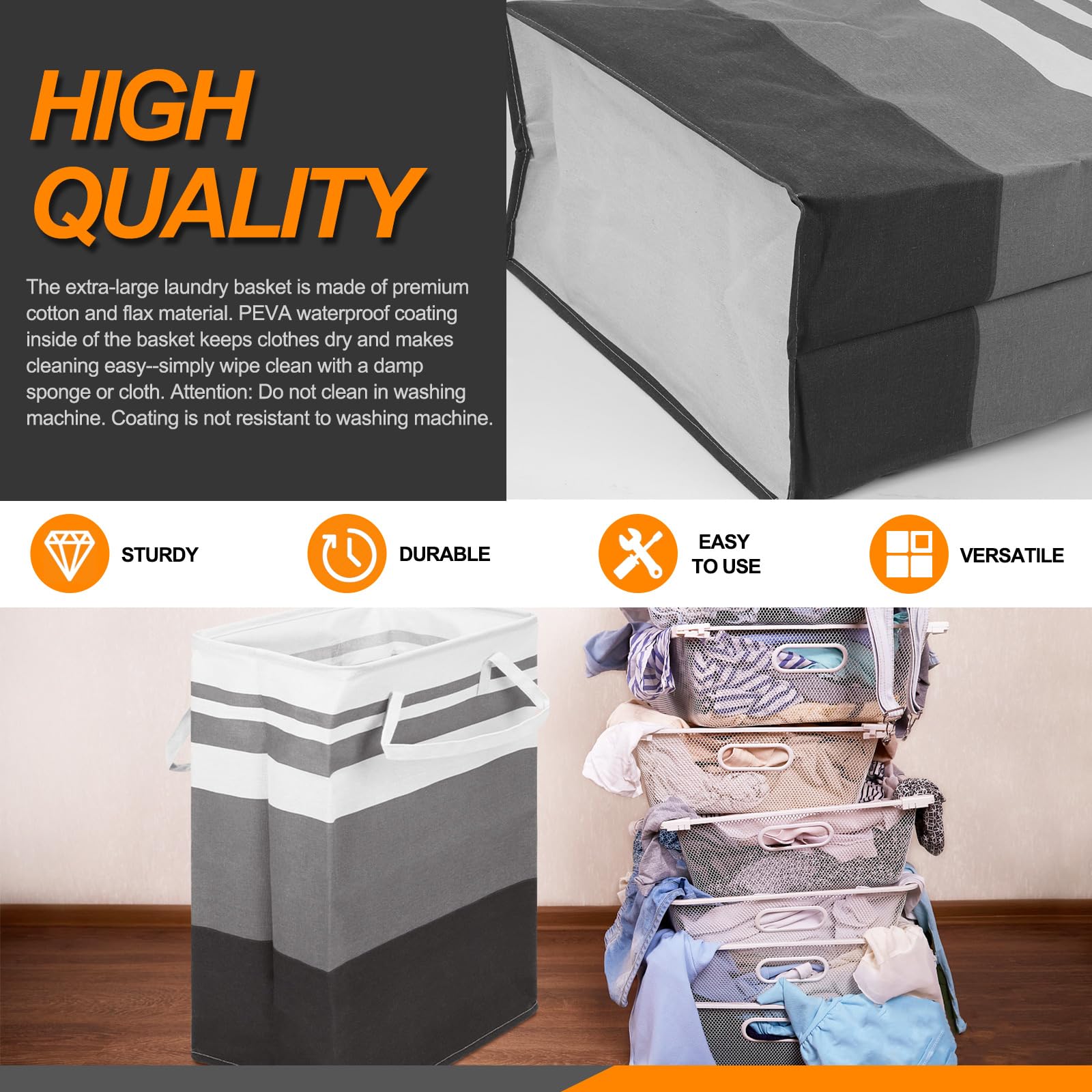 Rustark Grand panier à linge pliable de 75 l avec poignées robustes, panier à linge autonome pour linge, chambre à coucher, dortoir, jouets, rangement (grosses rayures