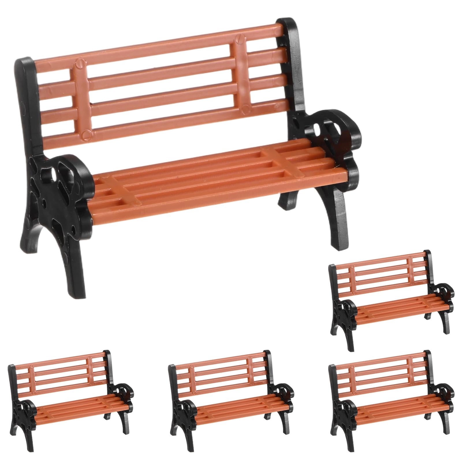 M METERXITY 5-Pack Miniature Park Bench Models, 1.7x1x1.2 Inch ABS Mini Village Garden Chair for Terrarium/DIY Micro Landscaping/Dollhouse, Train Platform Bench Figurines [Brown Black]