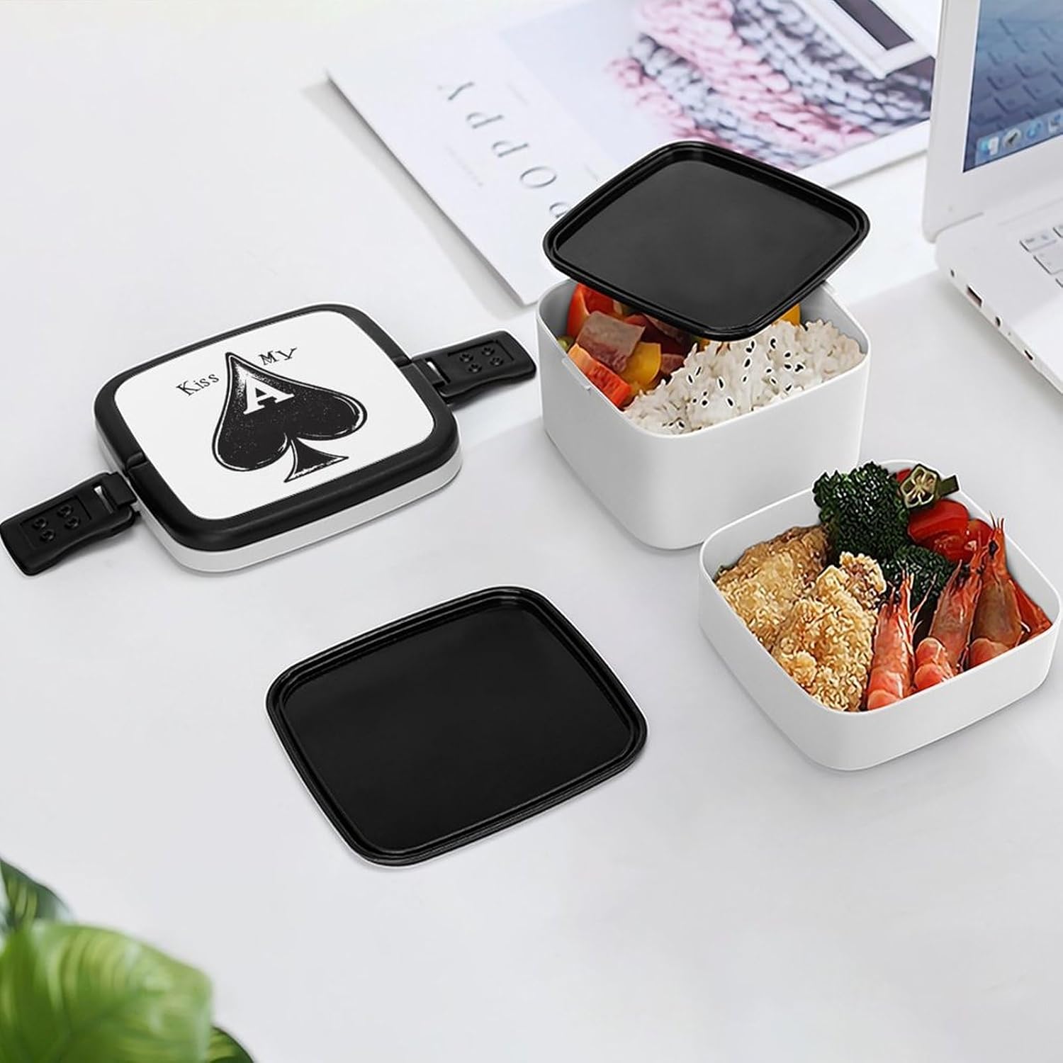 Kiss My Poker Card Spades Bento Box with Spoon 2 Layer Food Container Cute Lunch Box for Travel Dining Work