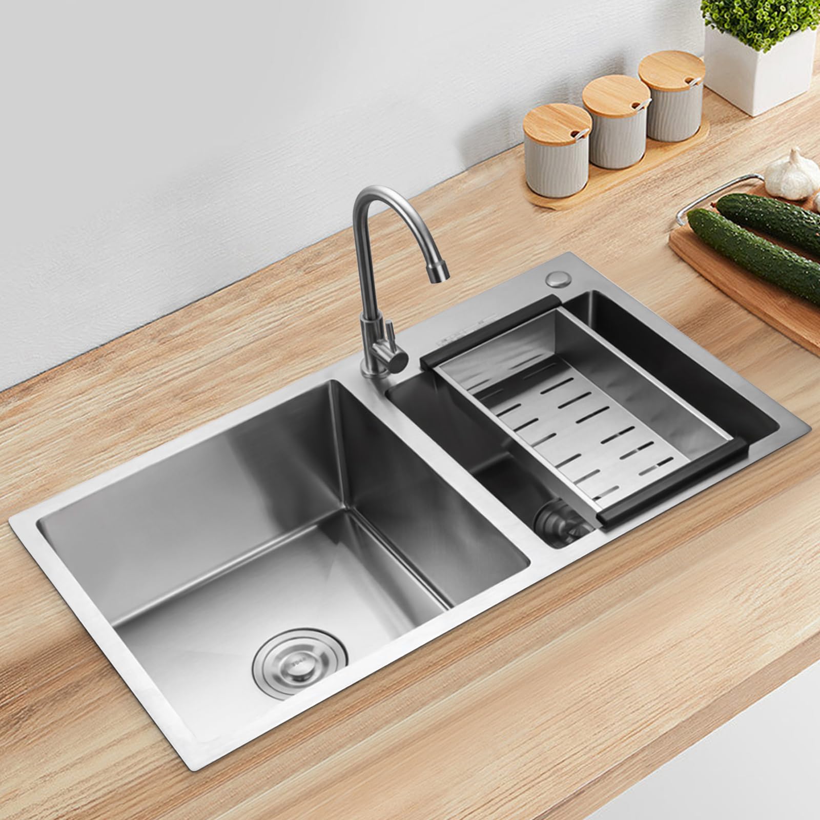 Fregadero empotrable DSYOGX de acero inoxidable y plata, fregadero de cocina con cesta de desagüe, fregadero empotrable para garajes, lavaderos, sótanos, terrazas, bares, cocinas, 78 x 43 x 21 cm
