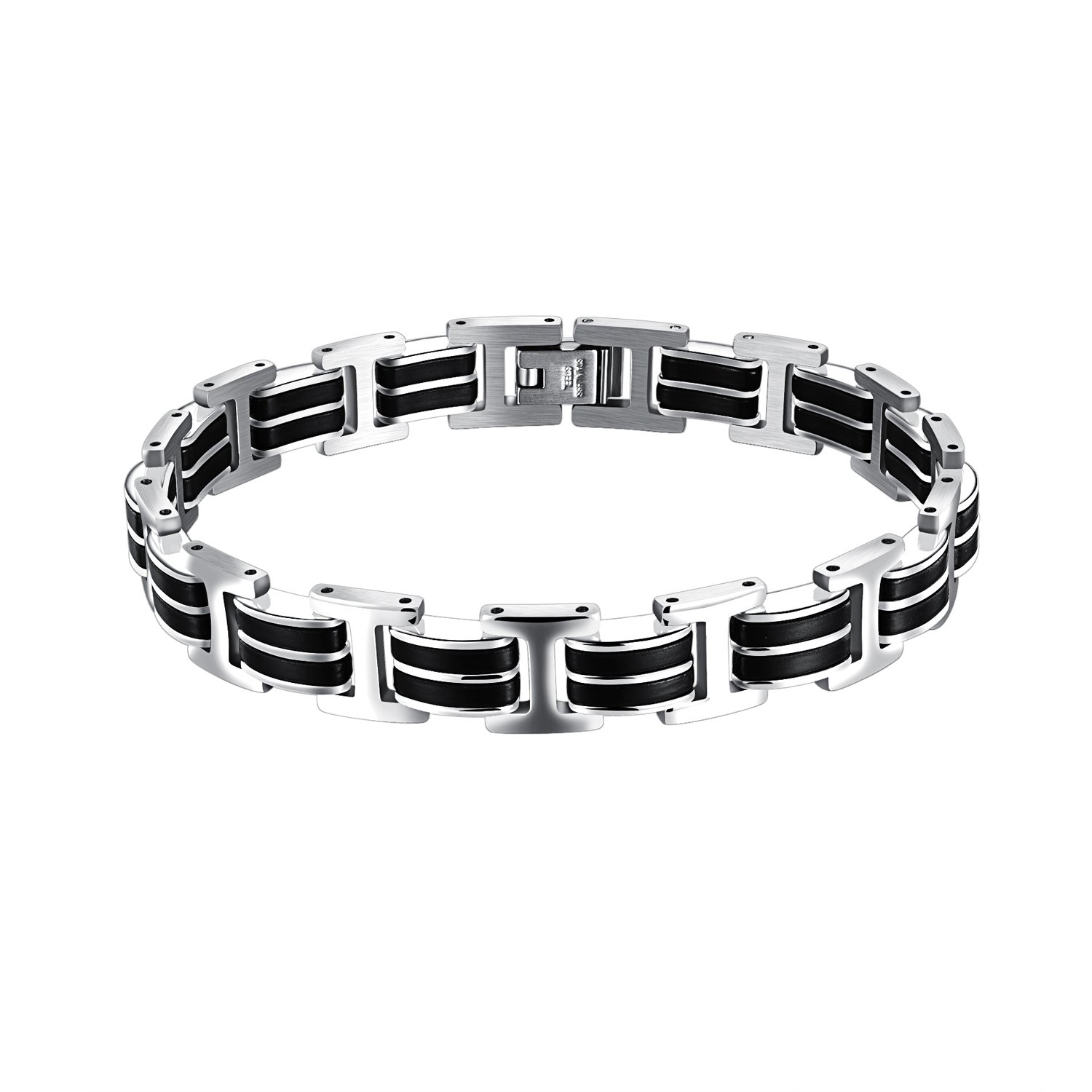 Heavy Metal Biker Link Chain Bracelet - Men's Stainless Steel Rubber Silicone Cuff, 8.26 Inch