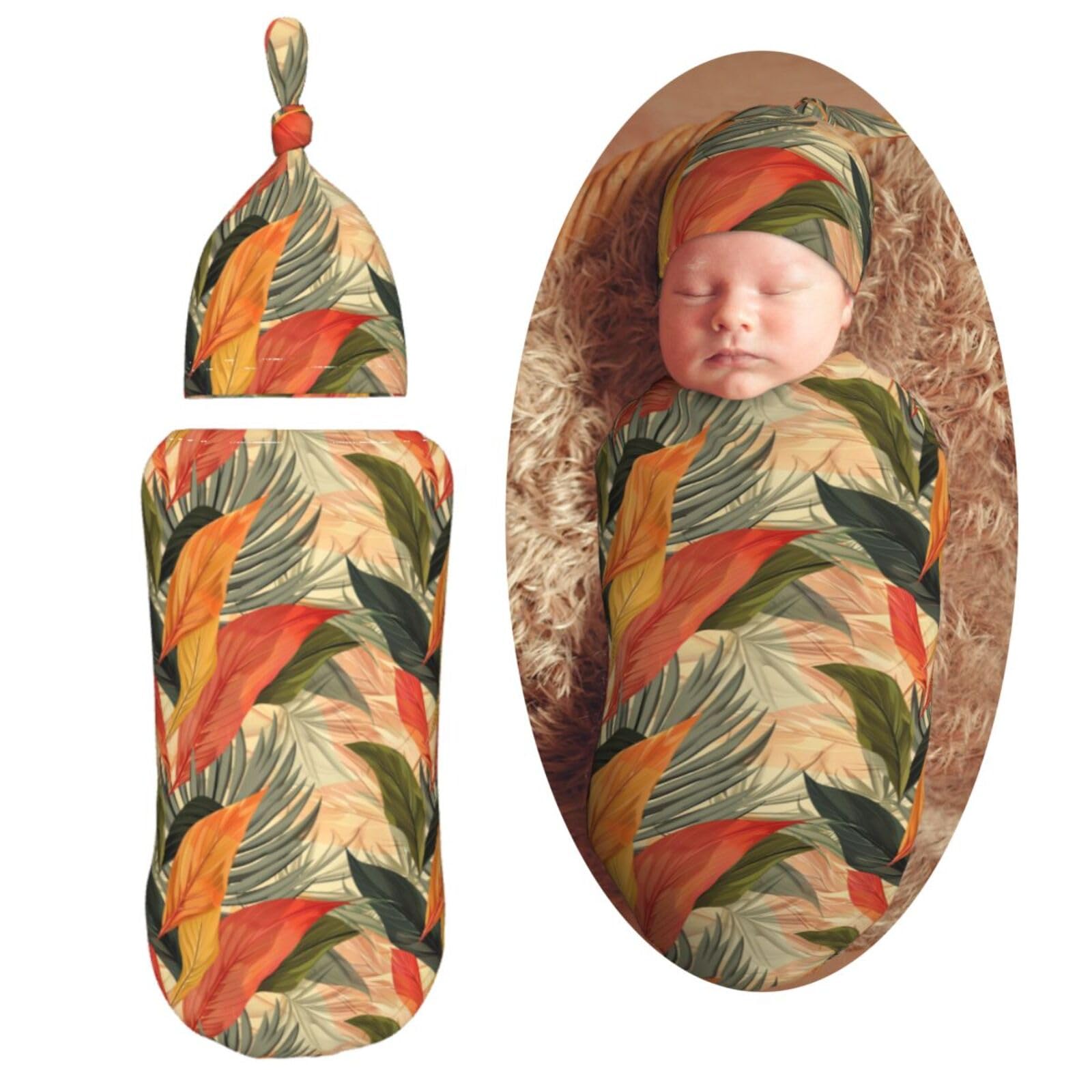 Modern Desert Leaf Newborn Swaddle Blankets Hat Sets Soft Baby Receiving Blanket Swaddle Sack for Baby Shower Infant Boy Girl Gift