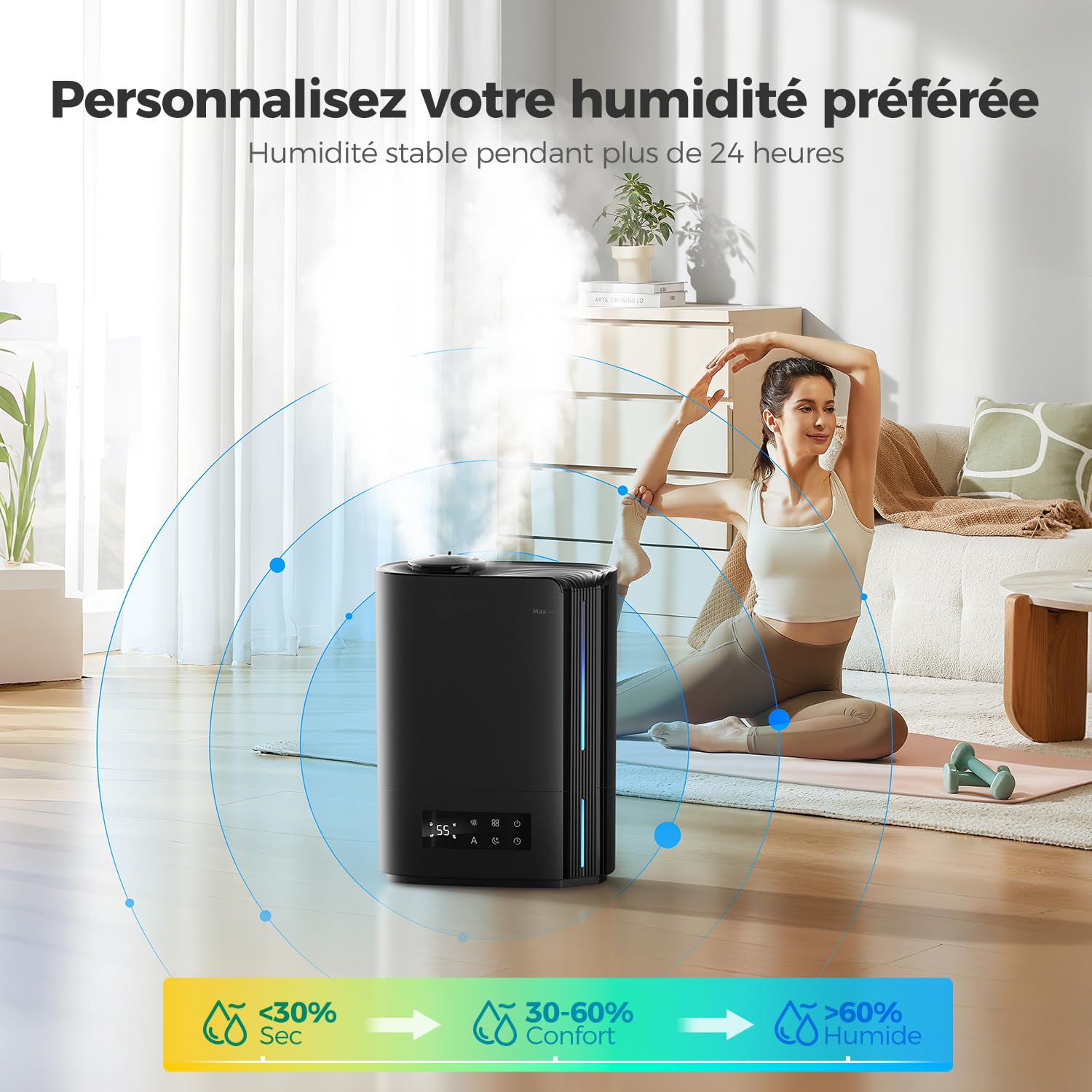 AROEVE Humidificateur d'Air Chambre 6L, Diffuseur d'Huiles Essentielles, Humidificateur à Ultrasons pour Bébé et Enfants, Plantes, Fonctionnement Silencieux 60h, Contrôle Intelligent de l'Humidité