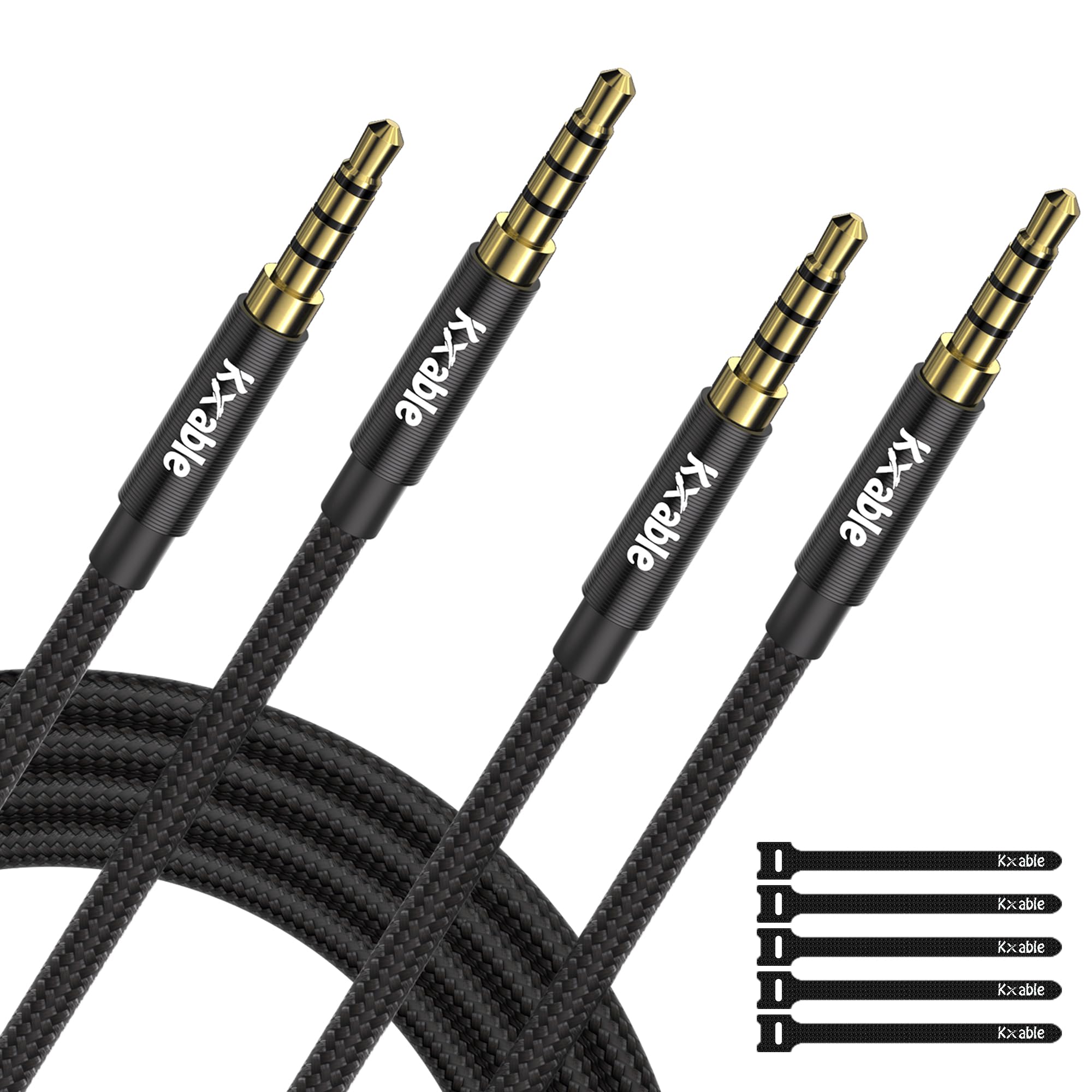 2 Pack 3.5mm Audio Cable, 4-Pole Hi-Fi Stereo TRRS Aux Jack 10FT, Nylon Braided, Microphone Compatible, 1/8 inch Male to Male Auxiliary Cord Extension for Headphones, Car, iPad, Phone, Tablet- Black