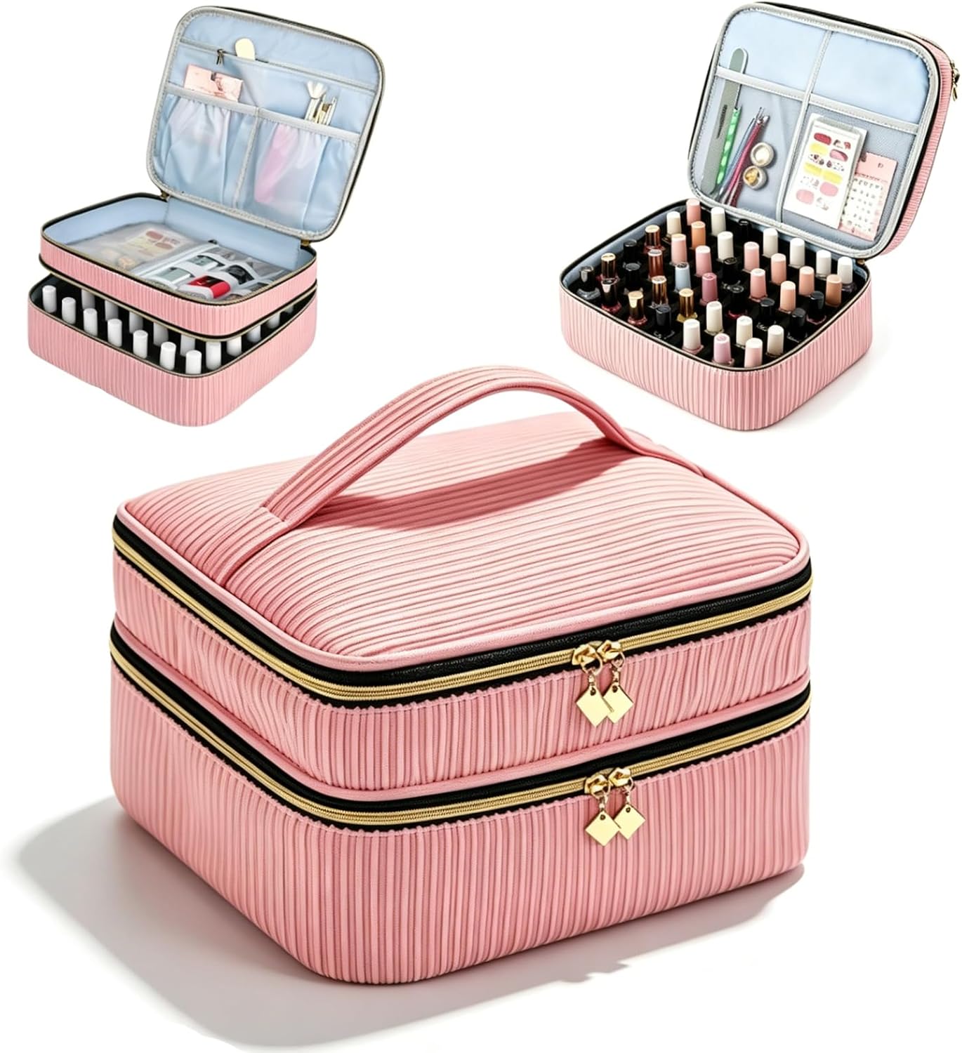 Nail Polish Organizer Case, Double-Layer Storage Holds 42 Bottles, Large Portable Travel Nail Polish Bag with Handle, Professional Manicure Kit, Pink