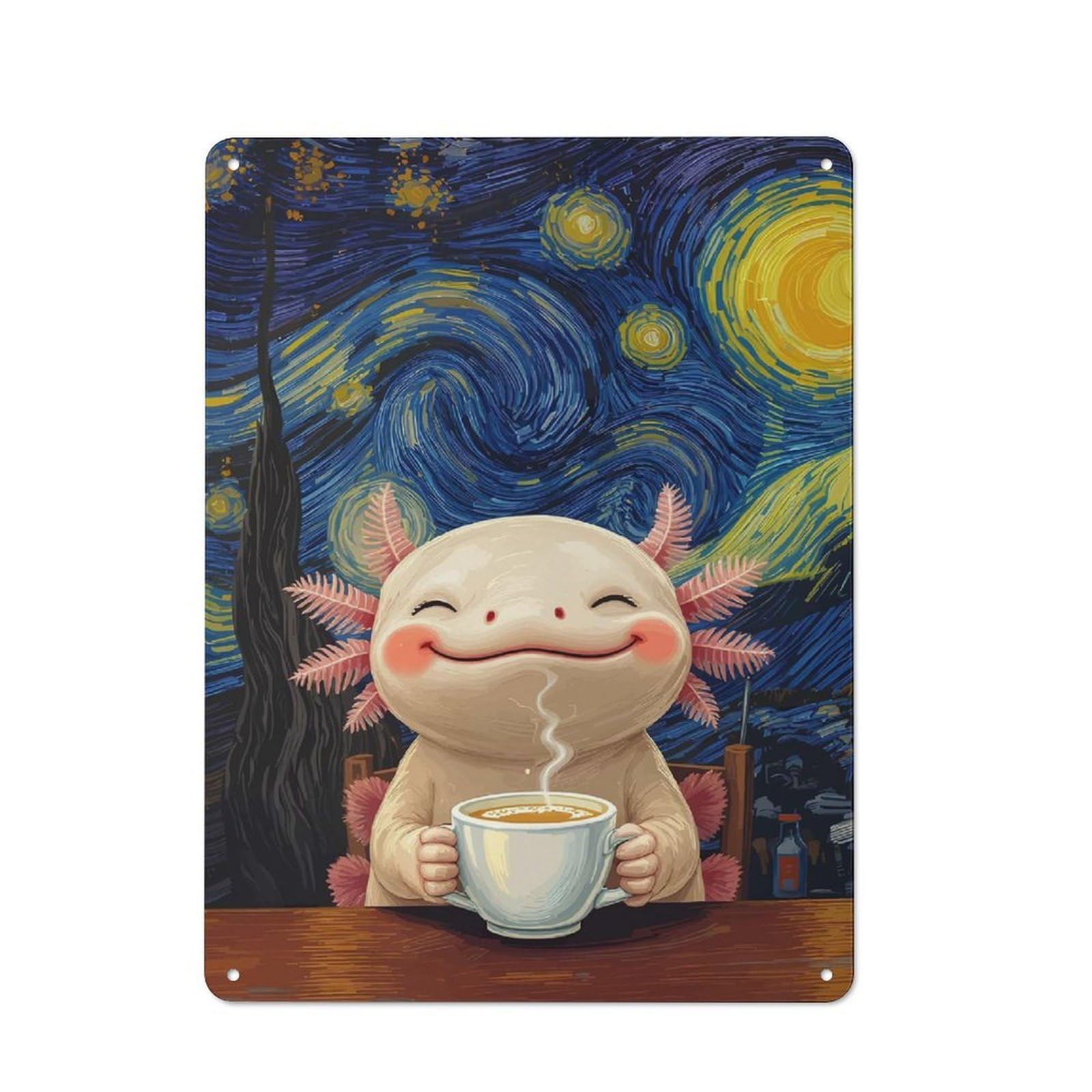 Junmoney Style-14 Country Style Kitchen Metal Sign 40X30cm Featuring Axolotl Enjoying Coffee, Starry Night, Diner Style Decor For Kitchen, Cafe, Pantry Or Dining Room