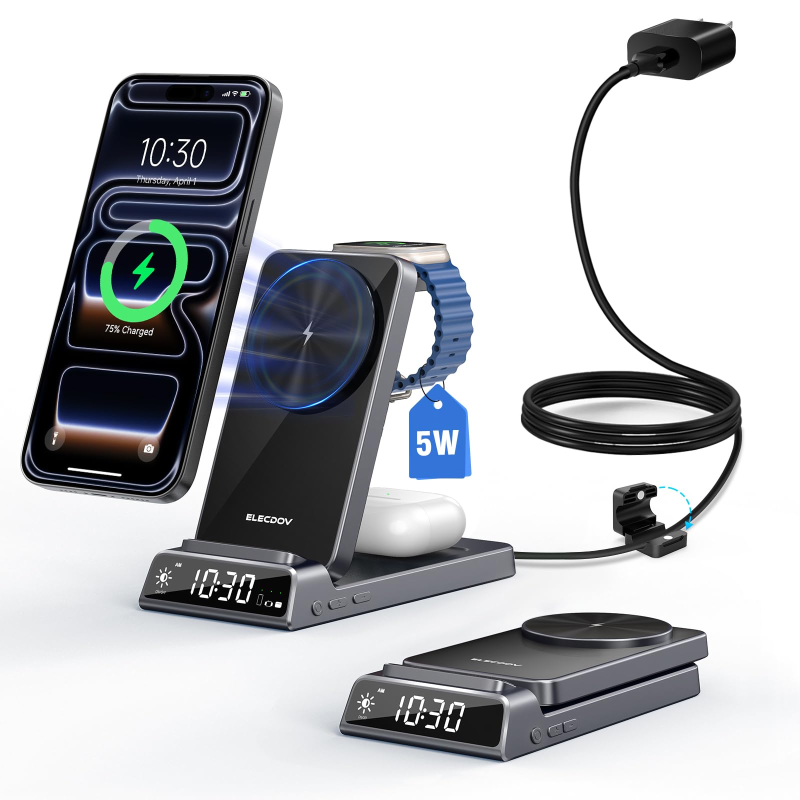 3 in 1 Apple Charging Station Magnetic Charger for iPhone Foldable Wireless Charger with Bedside Clock Travel Apple