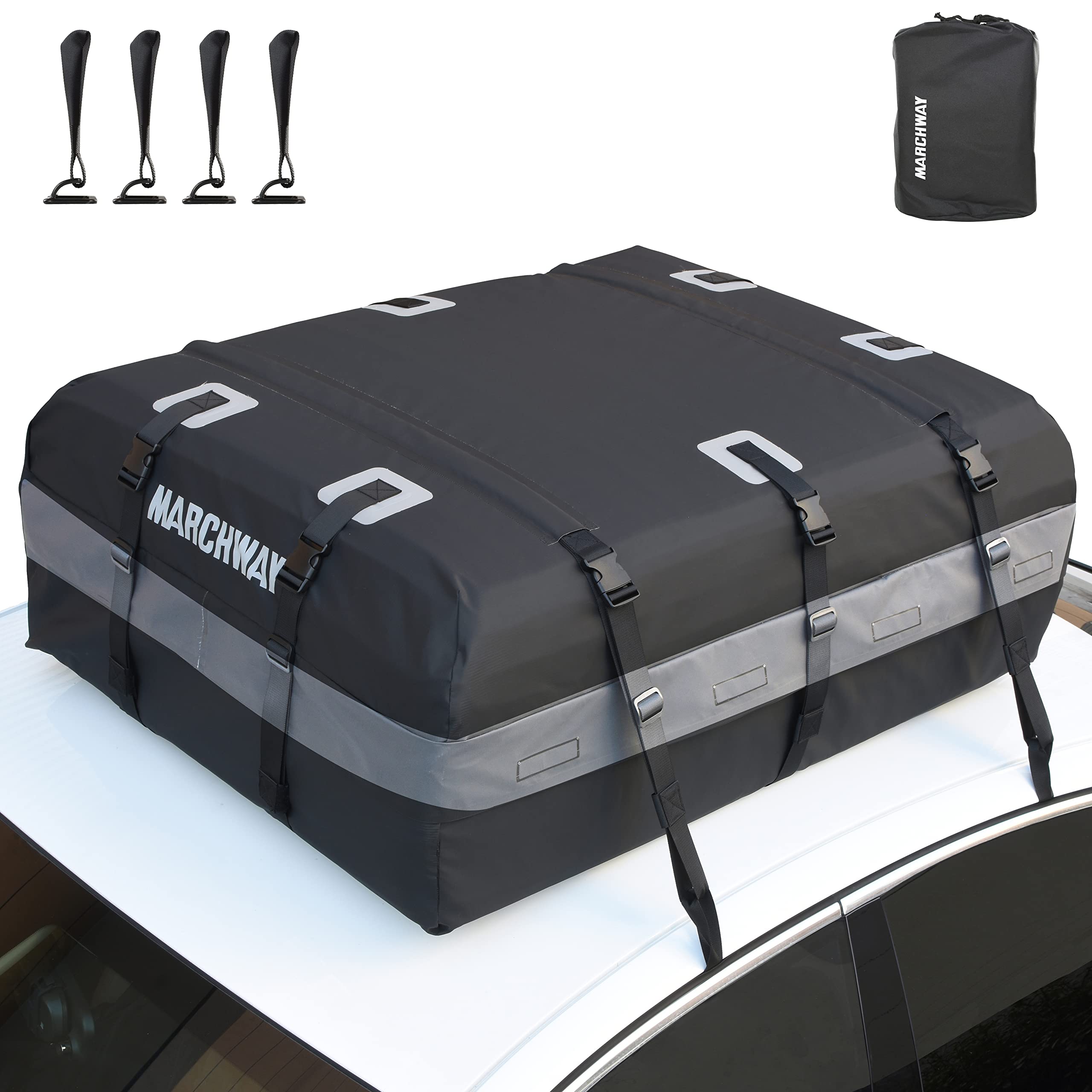 MARCHWAY Waterproof Car Roof Luggage Bag, Weatherproof Soft Shell Rooftop Cargo Carrier Bag for Vehicles with or without Rack. 6 Door Hooks, Anti Slip Mat, Lock Included (15 Cubic Feet, Orange)
