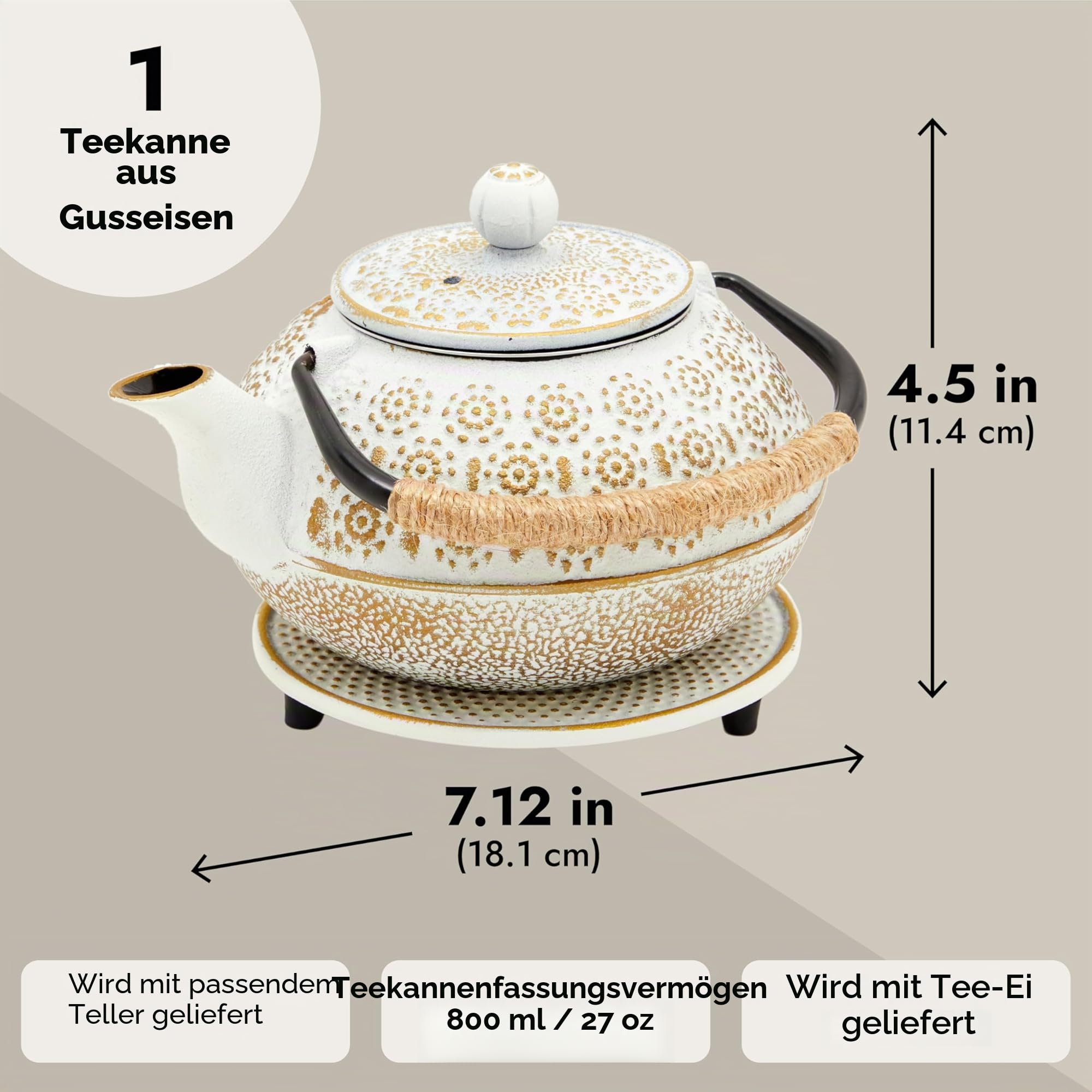 Japanische Teekanne aus Gusseisen mit Griff, Teesieb und Untersetzer, 800 ml, Weiß mit Goldfarbenem Muster