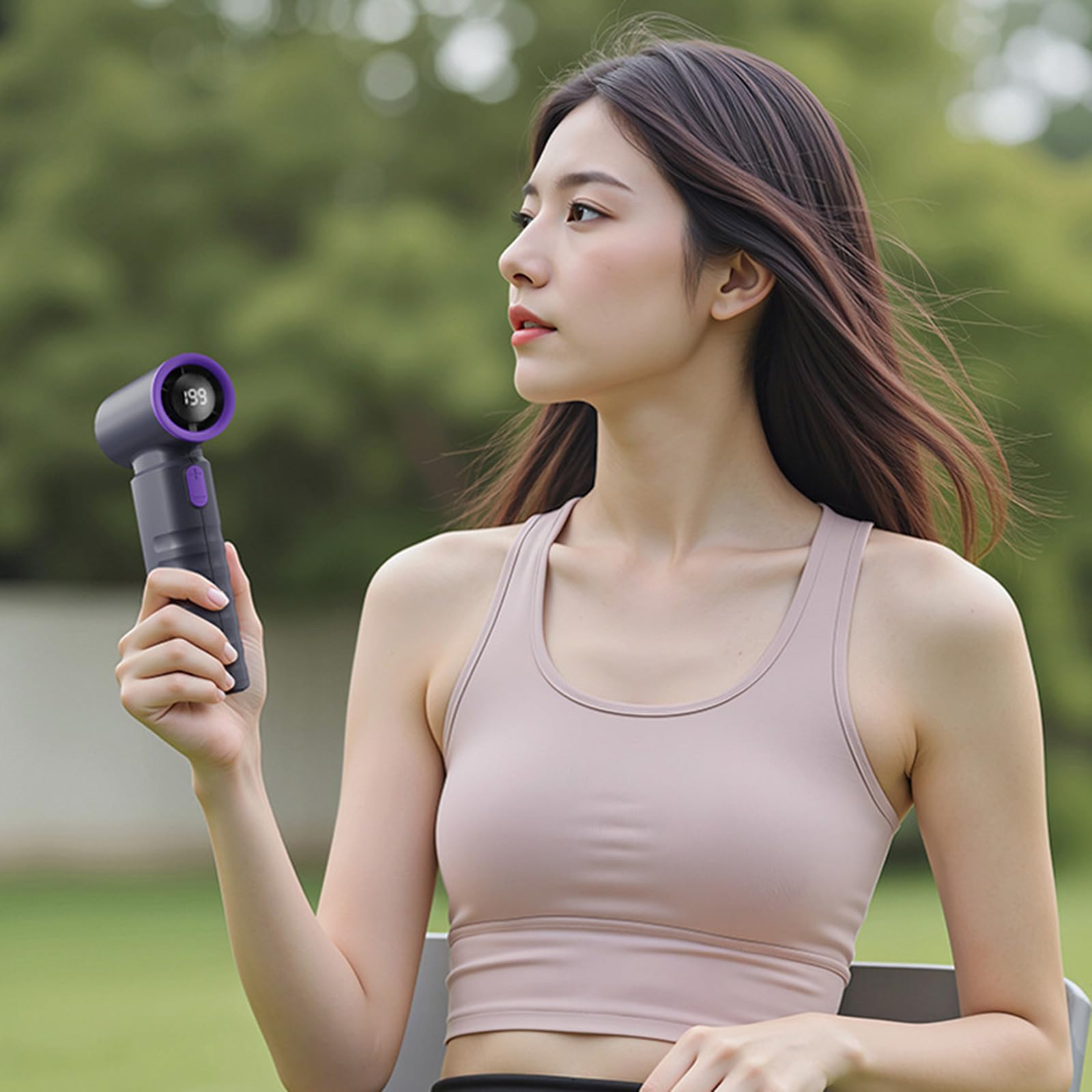 Potente ventilatore portatile con impostazione di velocità 199 velocità USB C ricarica ABS+costruzione PC adatto per campeggio attività sportive manico regolabile ed ergonomico