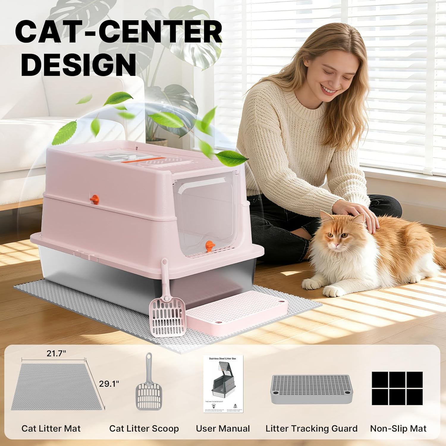 Stainless Steel Litter Box with Flip Lid, XL Extra Large Cat Litter Box with High Sided Top Entry Design, Anti-Leakage Enclosed Metal Litterbox for Big Cats, with Handle, Mat, Pedal & Scoop, Pink