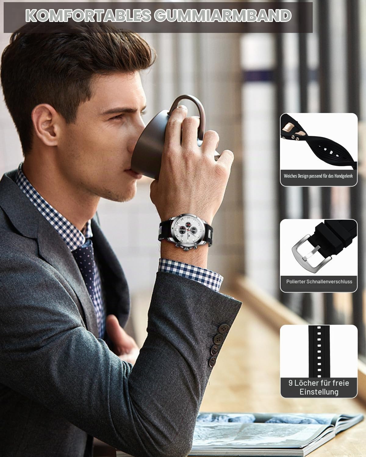 MEGALITH Herren Uhren Groß Chronographen: Analog Wasserdicht Armbanduhr Gummiband mit Datum Leuchtend - Stilvoll Geschenke für Sportlich Männer Jubiläum Geburtstag