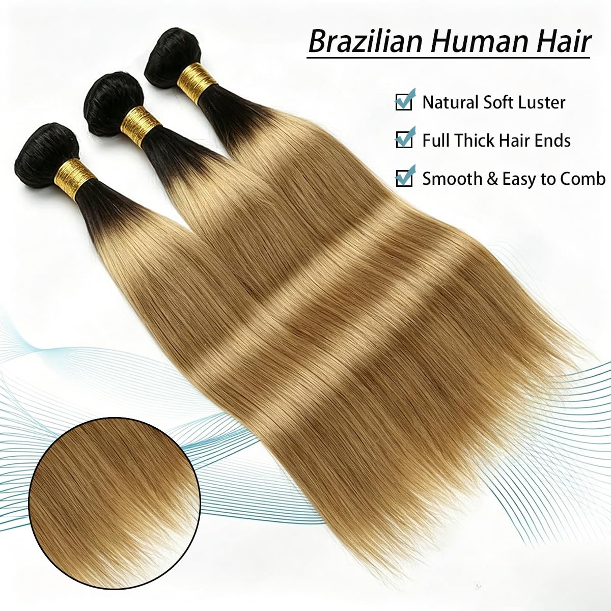 3 Pcs Virgin Straight Human Hair Bundles Ombre 1B/27 Silky Extensions Double Weft Weaves for Work & Street Style Brazilian Human Hair Bundles (20 22 24)