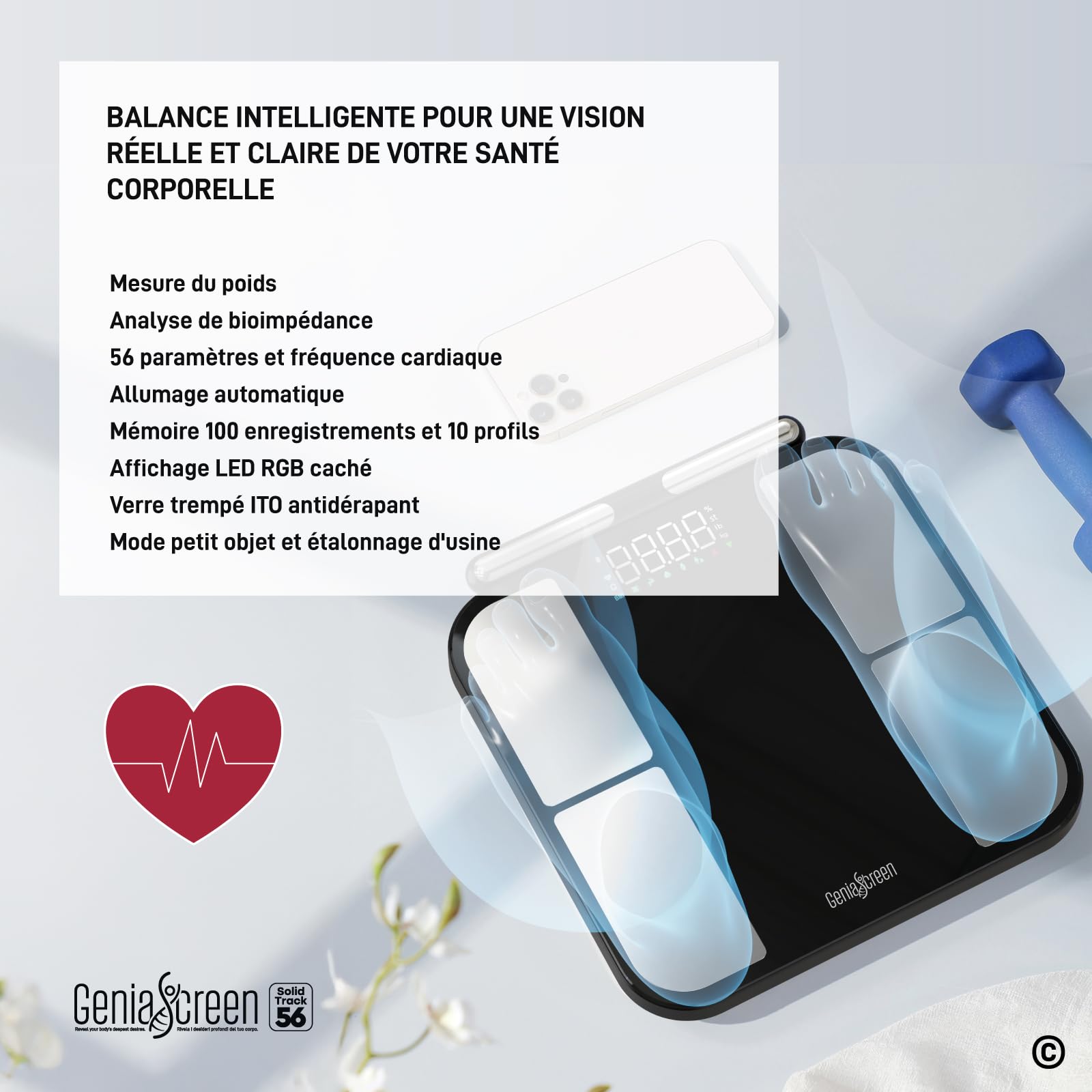 Balance Impédancemètre Connectée Bluetooth Pèse Personne Électronique GeniaScreen SolidTrack en Verre Trempé Max 180Kg - 8 Électrodes 56 Données Corporelles pour Masse Musculaire Graisse IMC