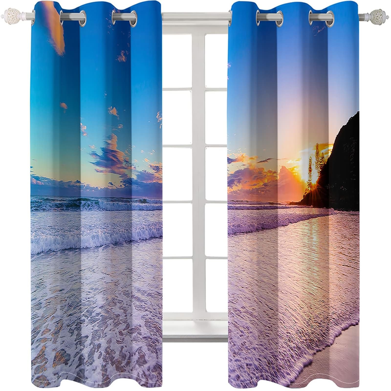 Küchenvorhänge Landhausstil, 96x229cm Orange Blau Sonnenuntergang Meer Vorhang für Schlafzimmer