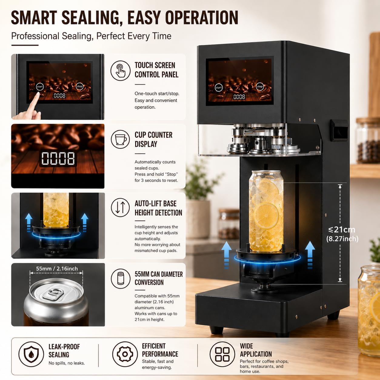 KEhtu Macchina Sigillatrice per Lattine con Schermo Touch | Rilevamento Automatico Dellaltezza | Compatibilità con Lattine da 55 Mm | Non Necessita di Tampone Black
