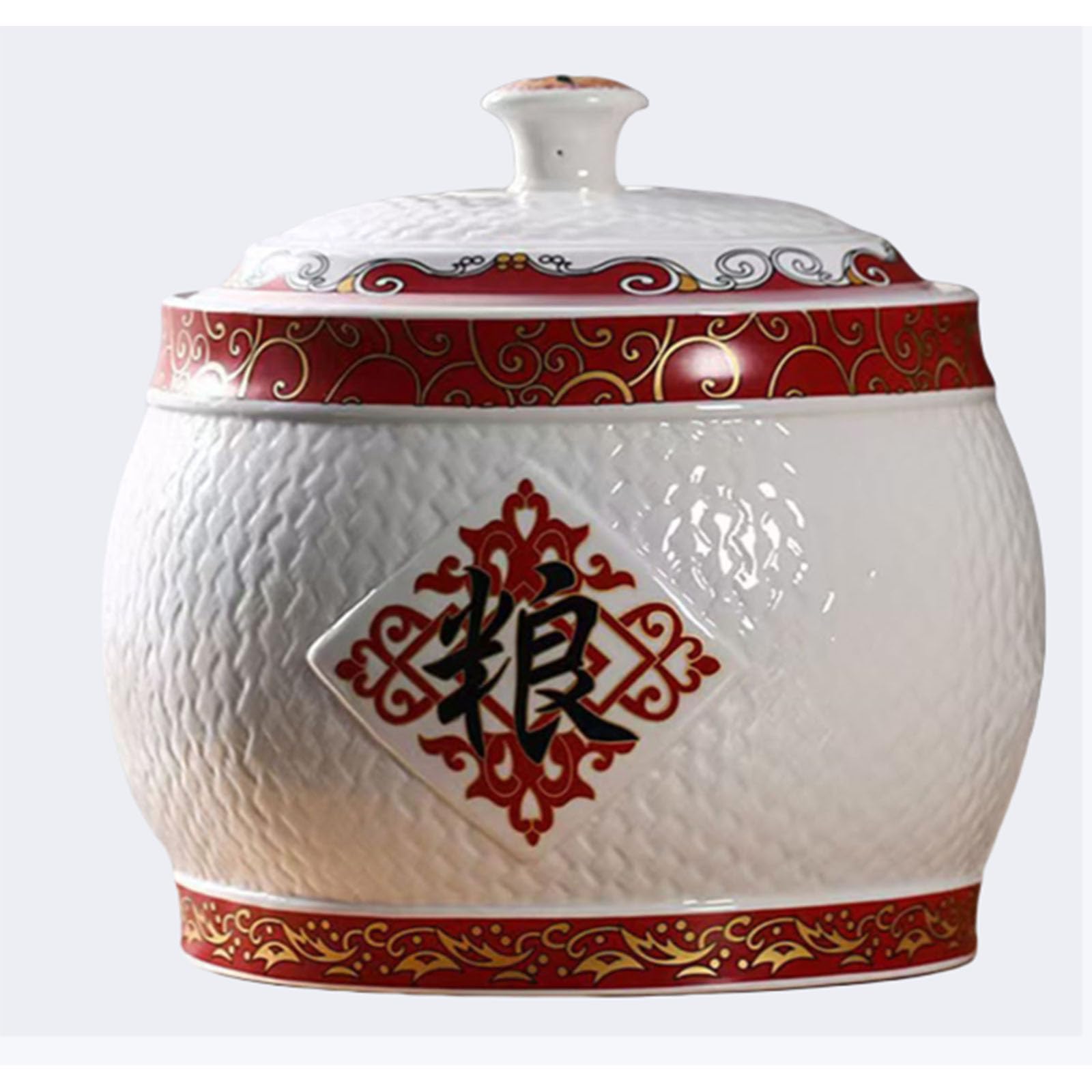 Ixtregzjkm 4 Ceramic Rice Jar With Lid, Chinese Ceramic Rice Bucket With Tassel Design, Airtight Large Capacity Rice Jar, Oatmeal Container, Rice Container, Cereal Dispenser, Large Sugar Dispenser 10Kg