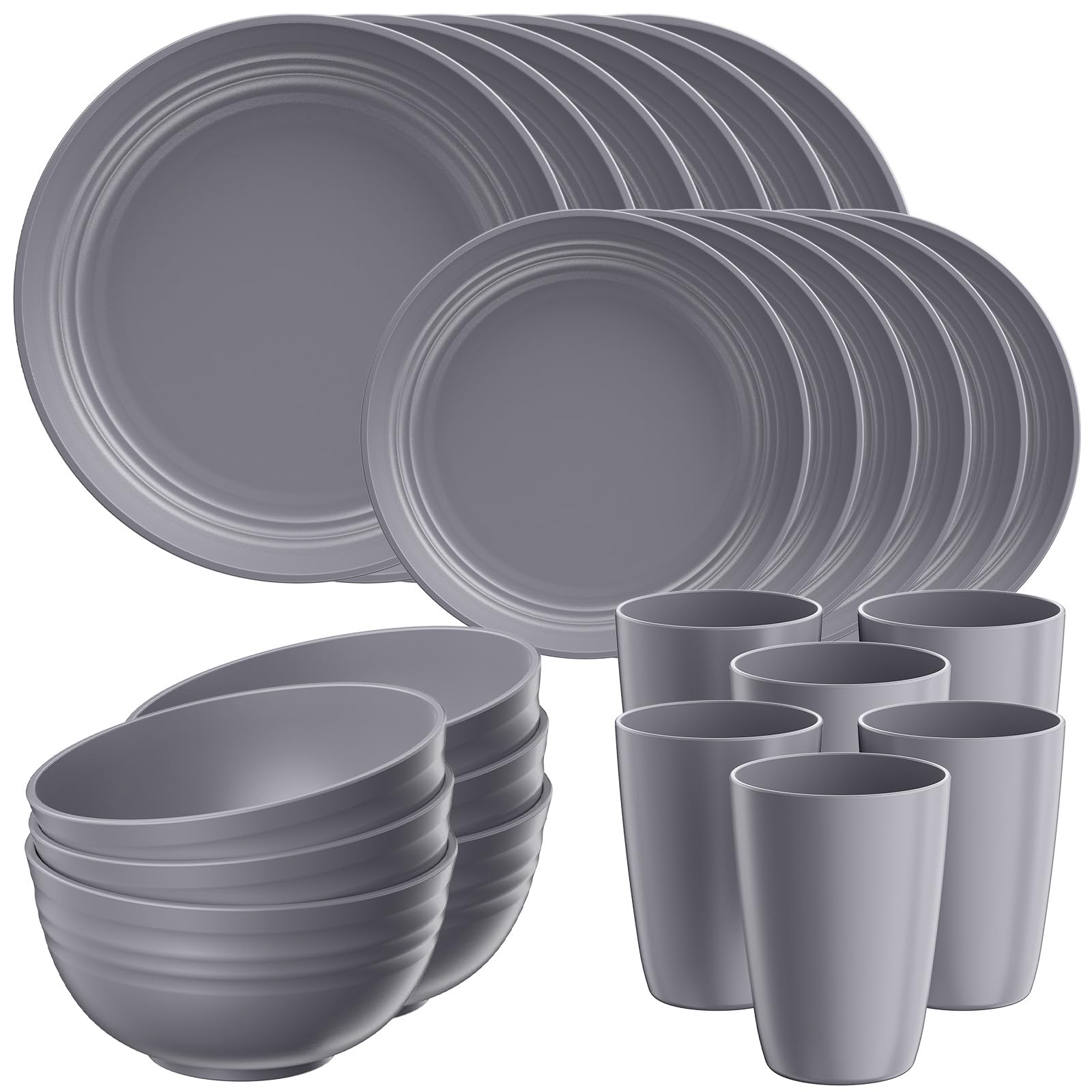 Quatish Kunststoff Geschirrset aus PP, Unzerbrechliches Camping Geschirr Set für 6 Personen, 24PCS Wiederverwendbare Tafel-Set für Kinder und Erwachsene, Geschirrspüler Mikrowelle Sicher, Dunkelgrau