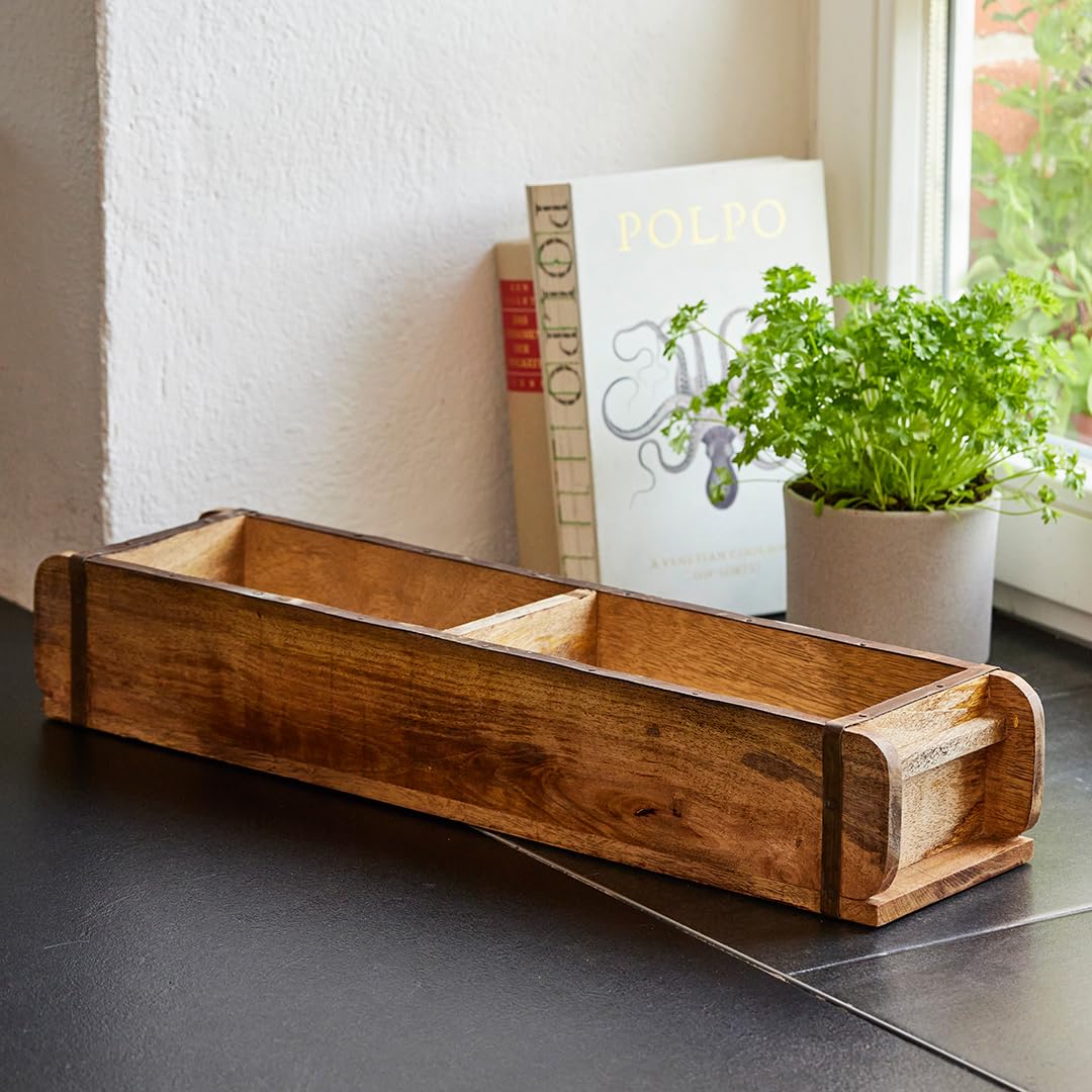 Die Stadtgärtner 2 x Vintage Ziegelformen aus recyceltem Holz mit zwei Kammern – 50 x 14 x 10 cm | Holzkisten mit zwei Kammern | Hochwertige Dekokisten mit Metallbeschlägen | Pflanzkiste | Holzbox