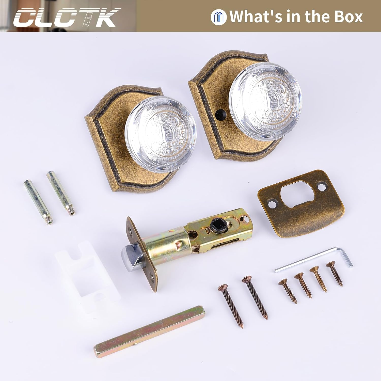 Crystal Door Knobs Interior, Antique Brass Door Knobs Vintage Passage Glass Door Knobs for Hall Closet, 1 Pack